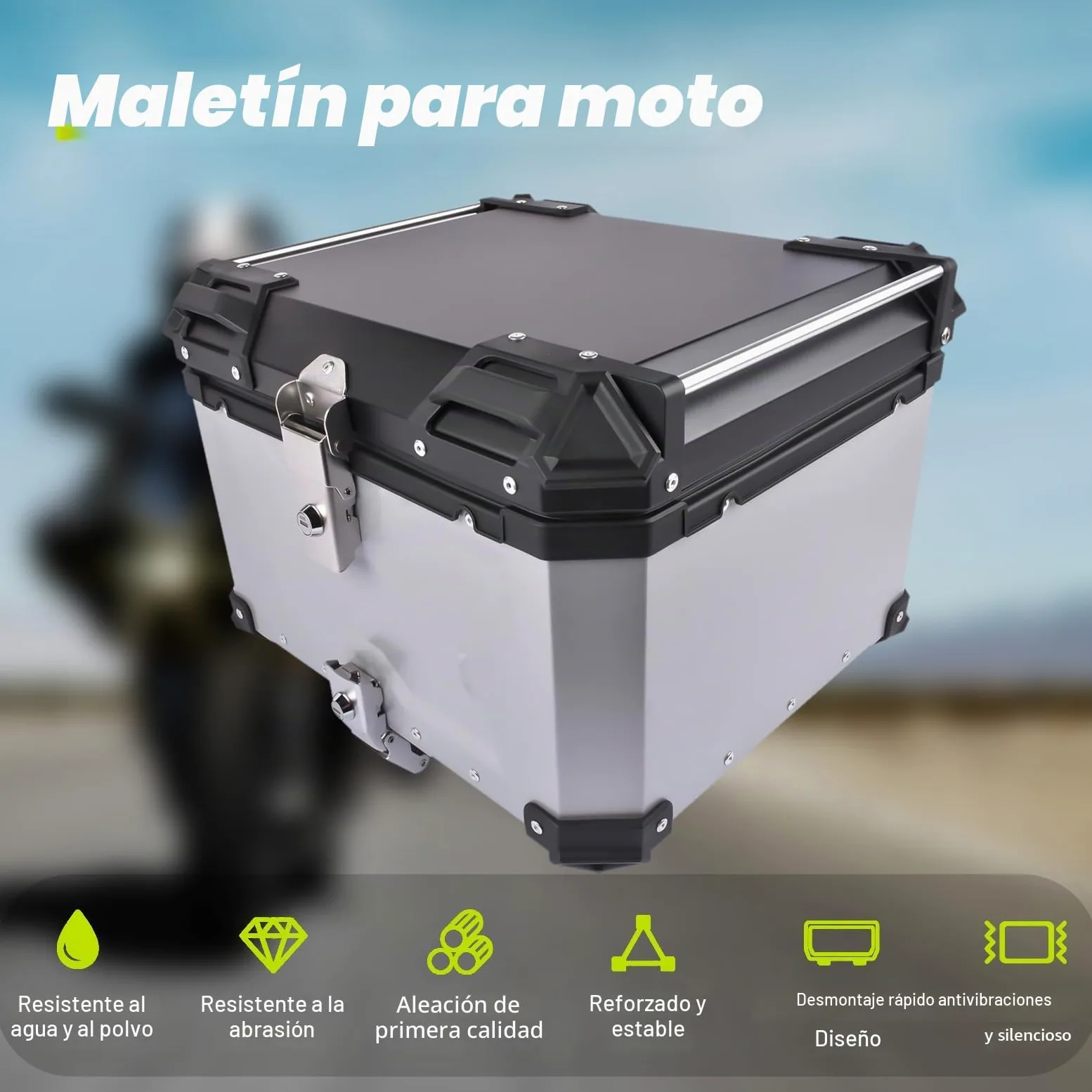 Bisenya 55l Motocicleta Top Case, Aluminio Motocicleta Tour Tail Box con Cerradura De Seguridad Plata Impermeable