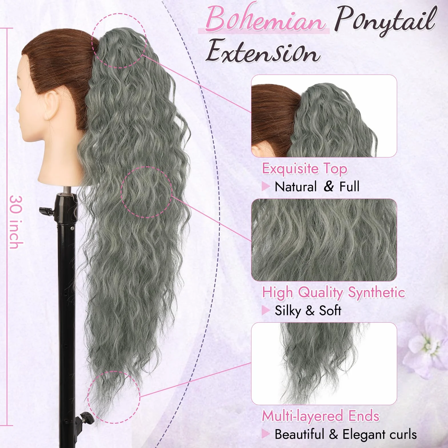 Coleta Postiza Pelo Natural 76 cm Gris con Pinza Rizada Ondulado para Mujeres