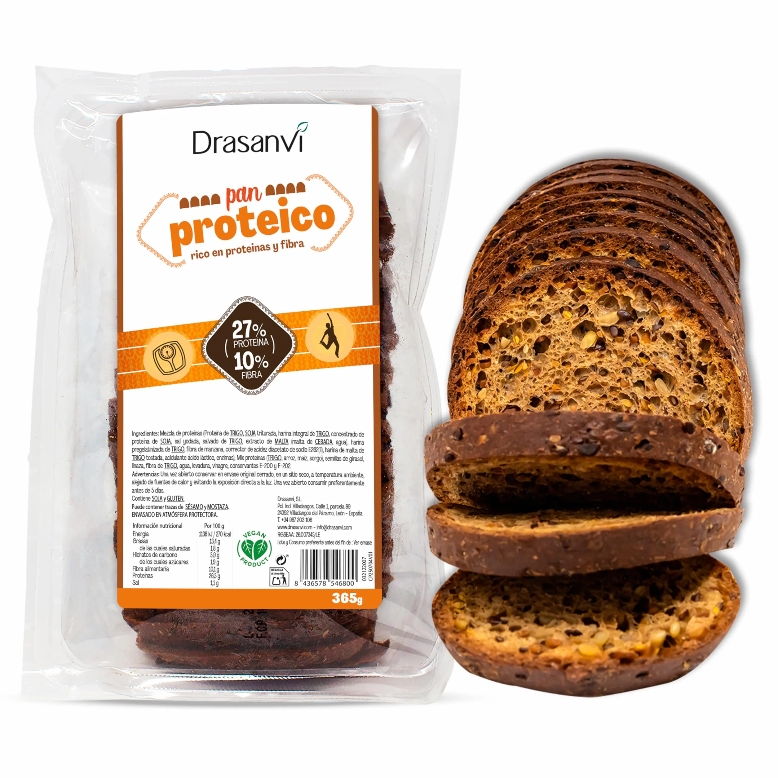 DRASANVI Pan Proteico Bajo en Carbohidratos 27% Proteínas Alto Contenido en Fibra Bajo en Azúcares y Calorías 365 gr