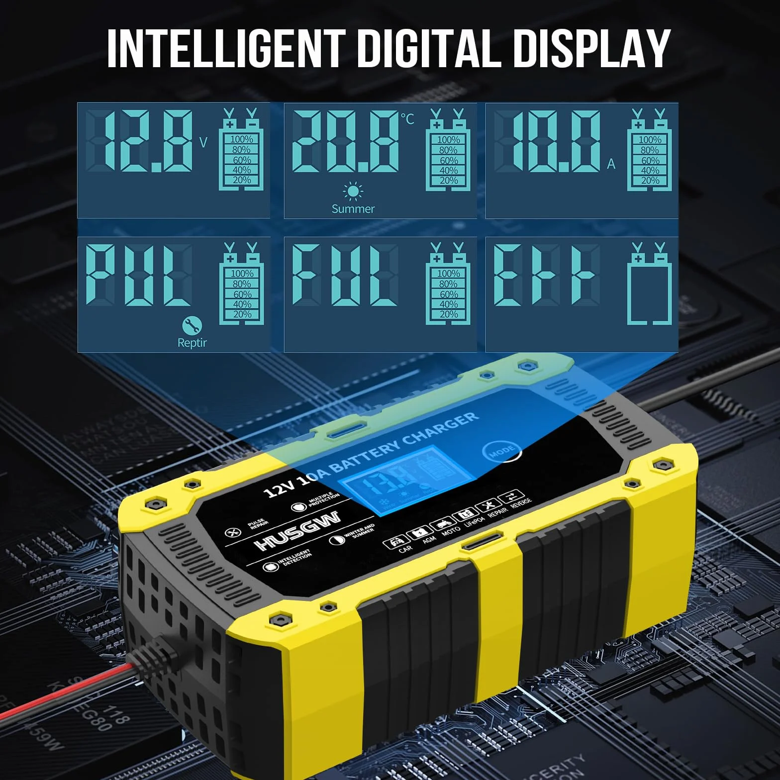 12V10A Cargador Baterias Coche, Cargador de Baterias Coche y Moto Inteligente y Funciones, Adecuado para Baterías Automotrices LiFePO4,para Coche/Moto/Clippers/AGM/Gel/Wet/SLA (10A) (10 Amarillo)