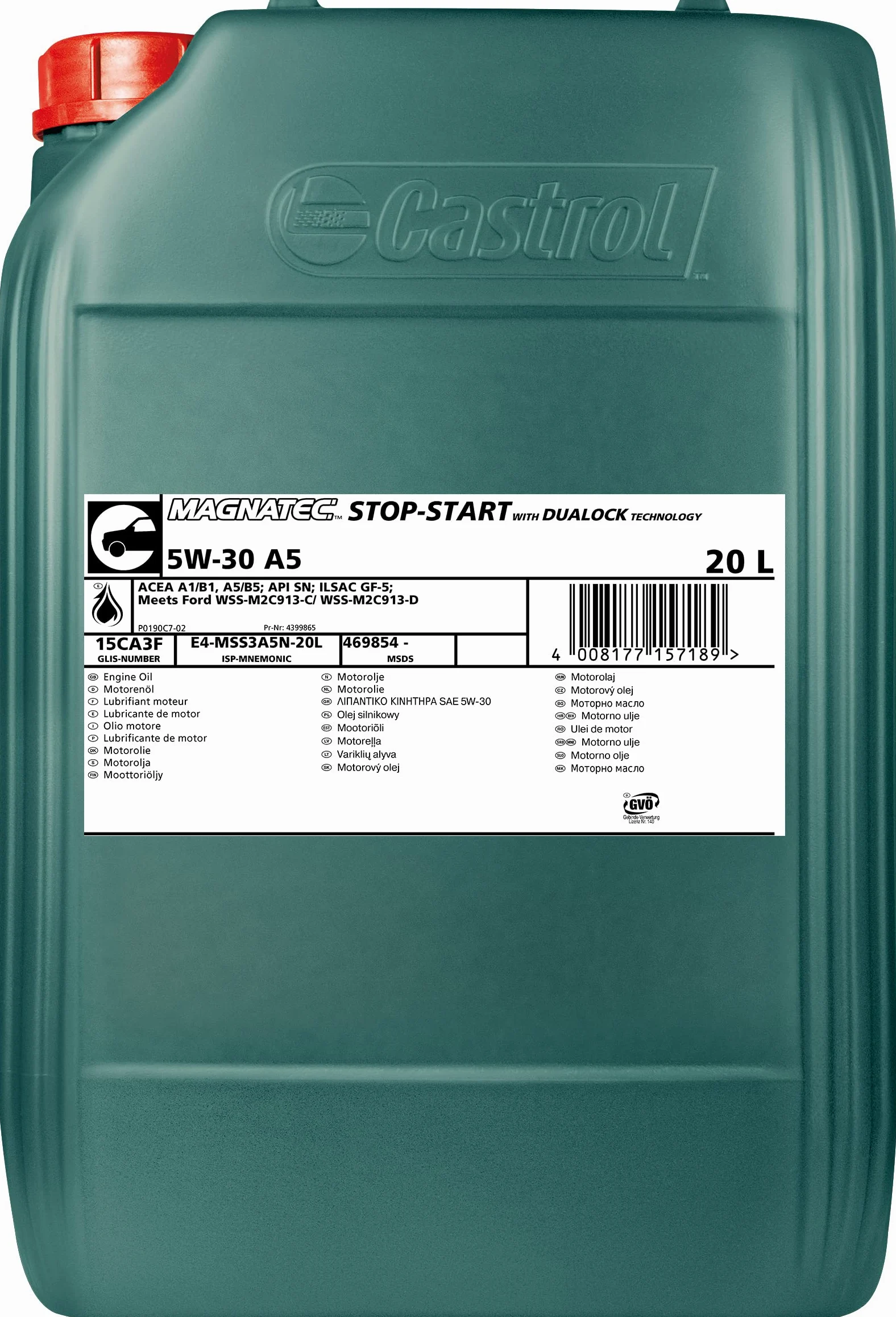 CASTROL Aceite de motor 5W-30 Magnatec Aceite completamente sintético ACEA A5/B5 ACEA A1/B1 API SN Stop-Start A5 20L Compatible con FORD Fiesta Mk6 Hatchback CB1, CCN, JA8, JR8, TOYOTA AYGO WNB1, KGB1