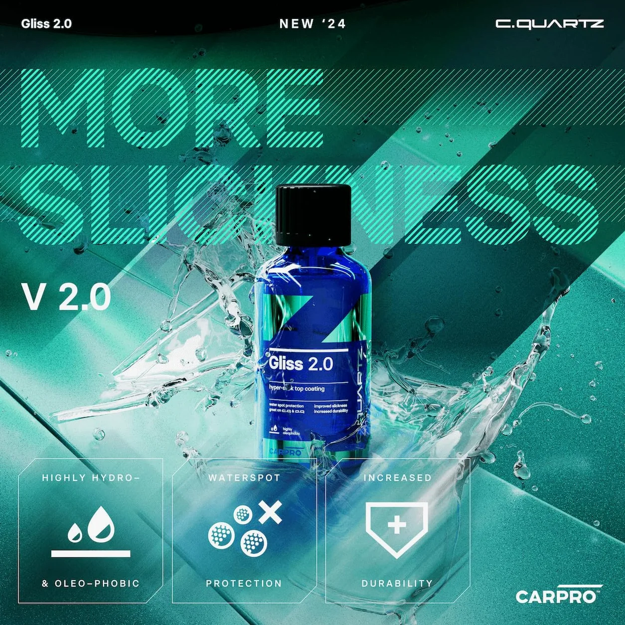 CARPRO Gliss 2.0 - Revestimiento de cerámica para automóviles - Capa superior hidrofóbica - Protección extrema contra manchas de agua con aplicadores de microfibra - Repele el aceite, la suciedad y la