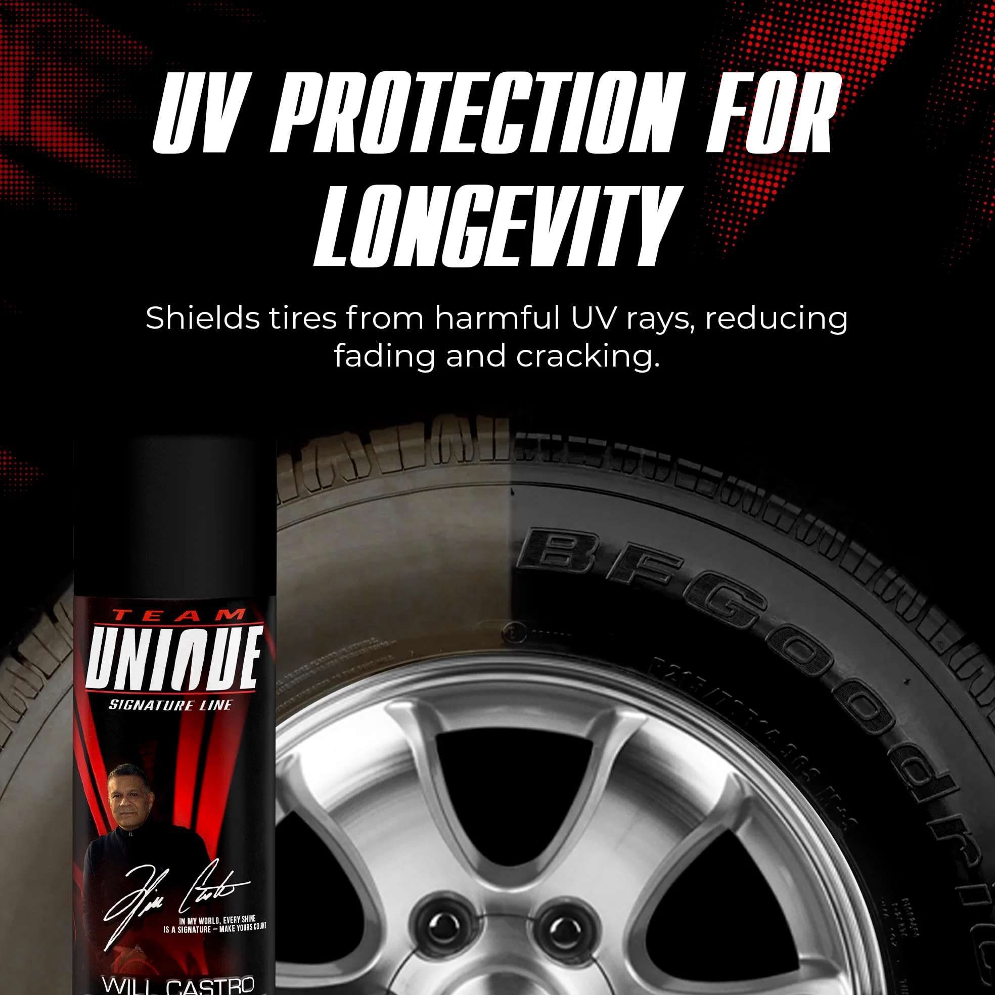 TEAM ÚNICO Tire Shine Satin - 510,3 g, lote de 6 | Fórmula avanzada para un brillo satinado duradero | Protege los neumáticos contra grietas y decoloración | Spray no graso, de baja eslinga