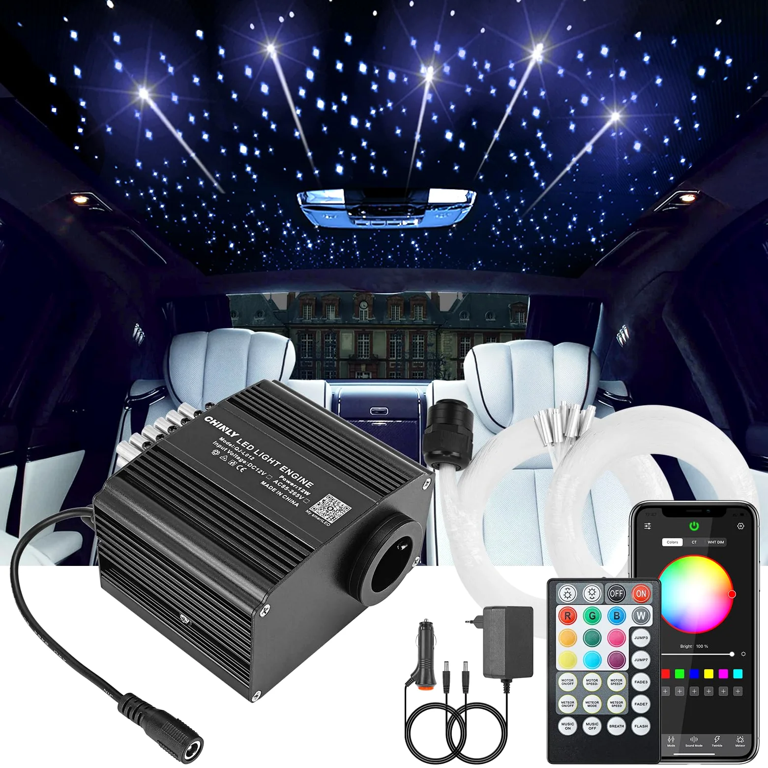 CHINLY 12W Meteoro Luces Techo Estrellado Coche, RGBW Control por APP Bluetooth y Mando, Activación por Música, 450pcs of (0,75mm+1,0mm+1,5mm)*3m Kit Luces Fibra Optica para Coche/Cine/Hogar