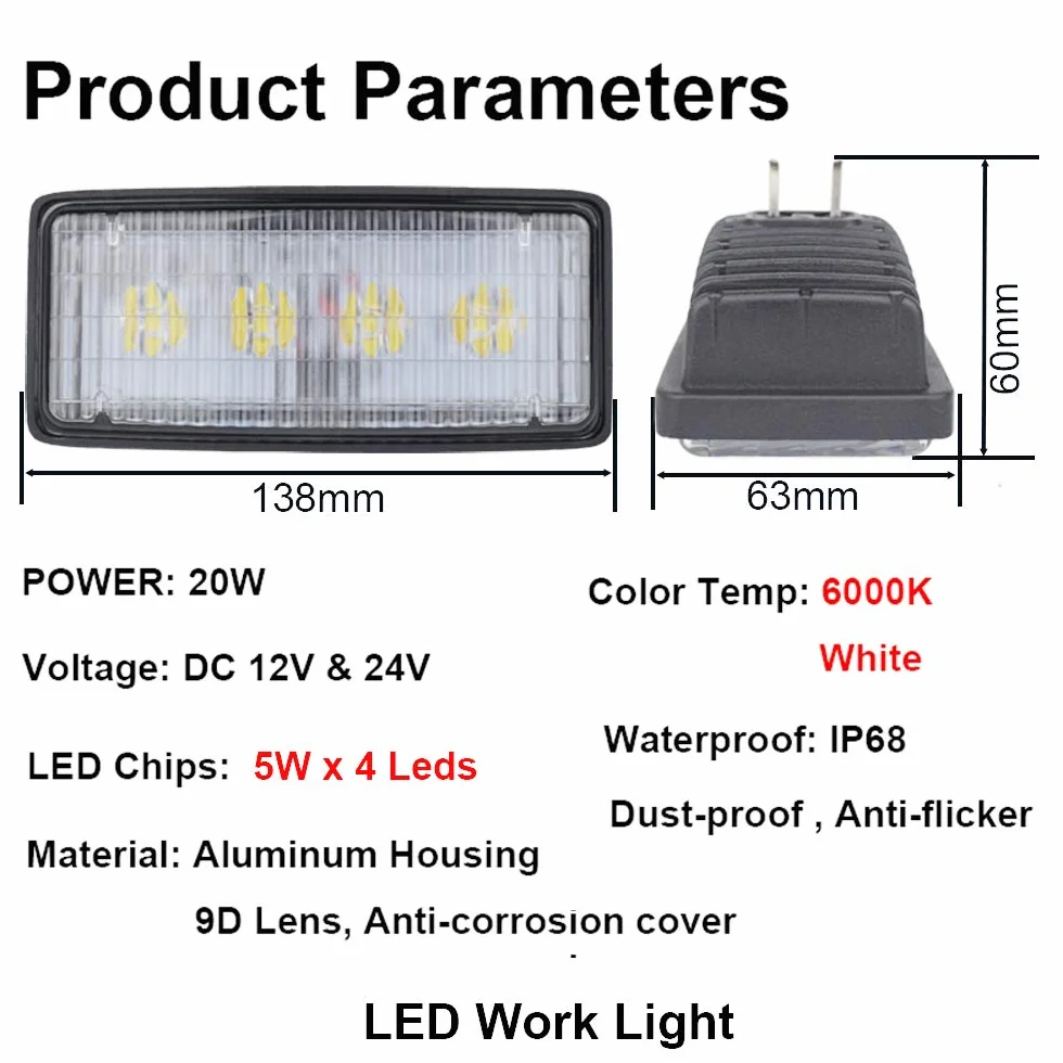 Foco LED Tractor para Deere Luces Tractor Agricola 20W 12V 24V Faro LED Flood Antiniebla Rectangular Impermeable 4Pcs