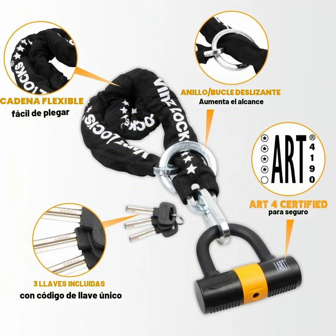 VINZ Trivor Candado de Moto Disco | Antirrobo con Llave | Homologada ART 4 | Testado Acero Endurecido ø11mm | Candado de Cadena/Cadena de cerradura para Motos & Scooters - 150cm