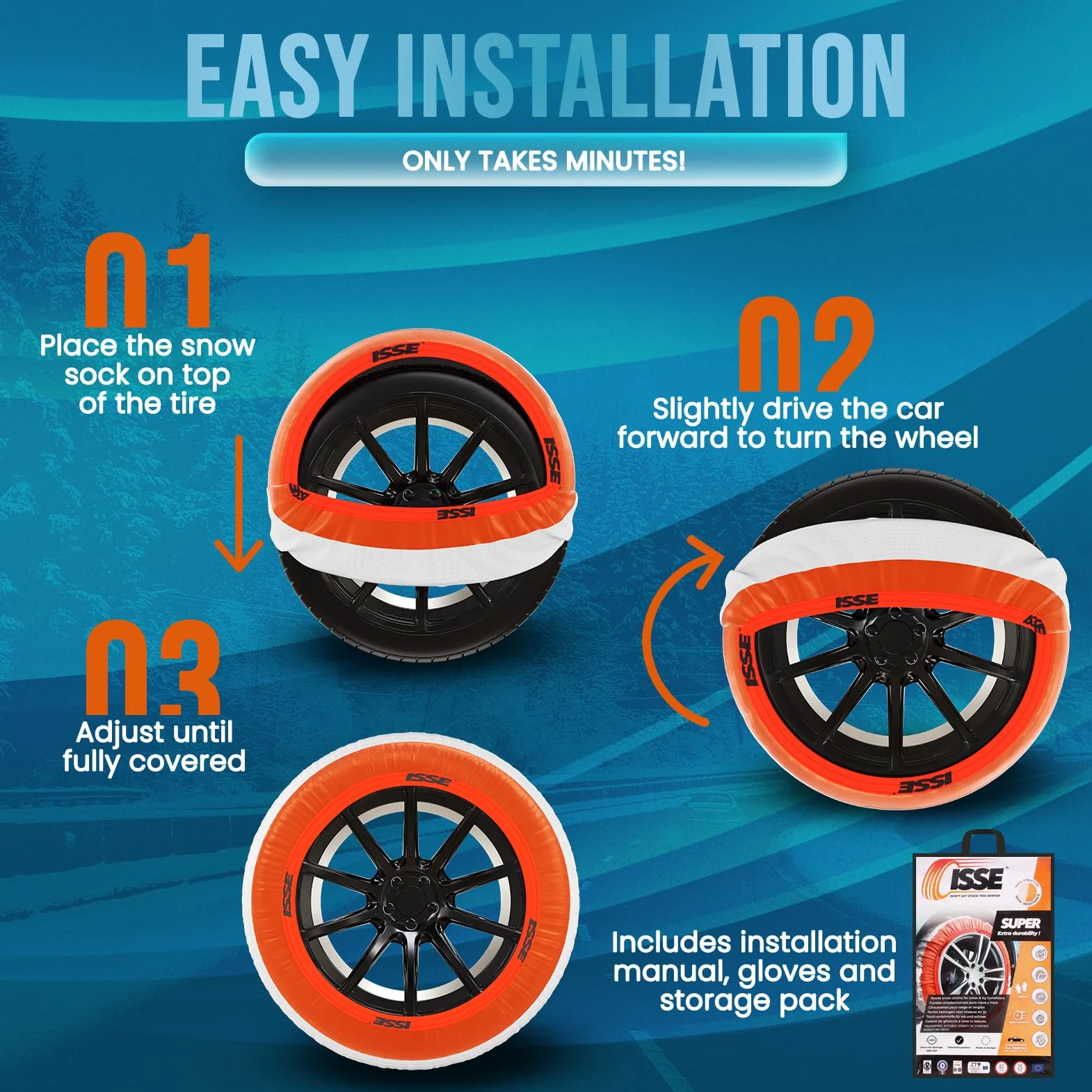 ISSE - Cadenas De Nieve PREMIUM Para Coche Super T-70 Homologación EN 16662-1 - Uso Diario en Nieve y Hielo - Kit de 2 Fundas textiles para Nieve Universales + Guantes
