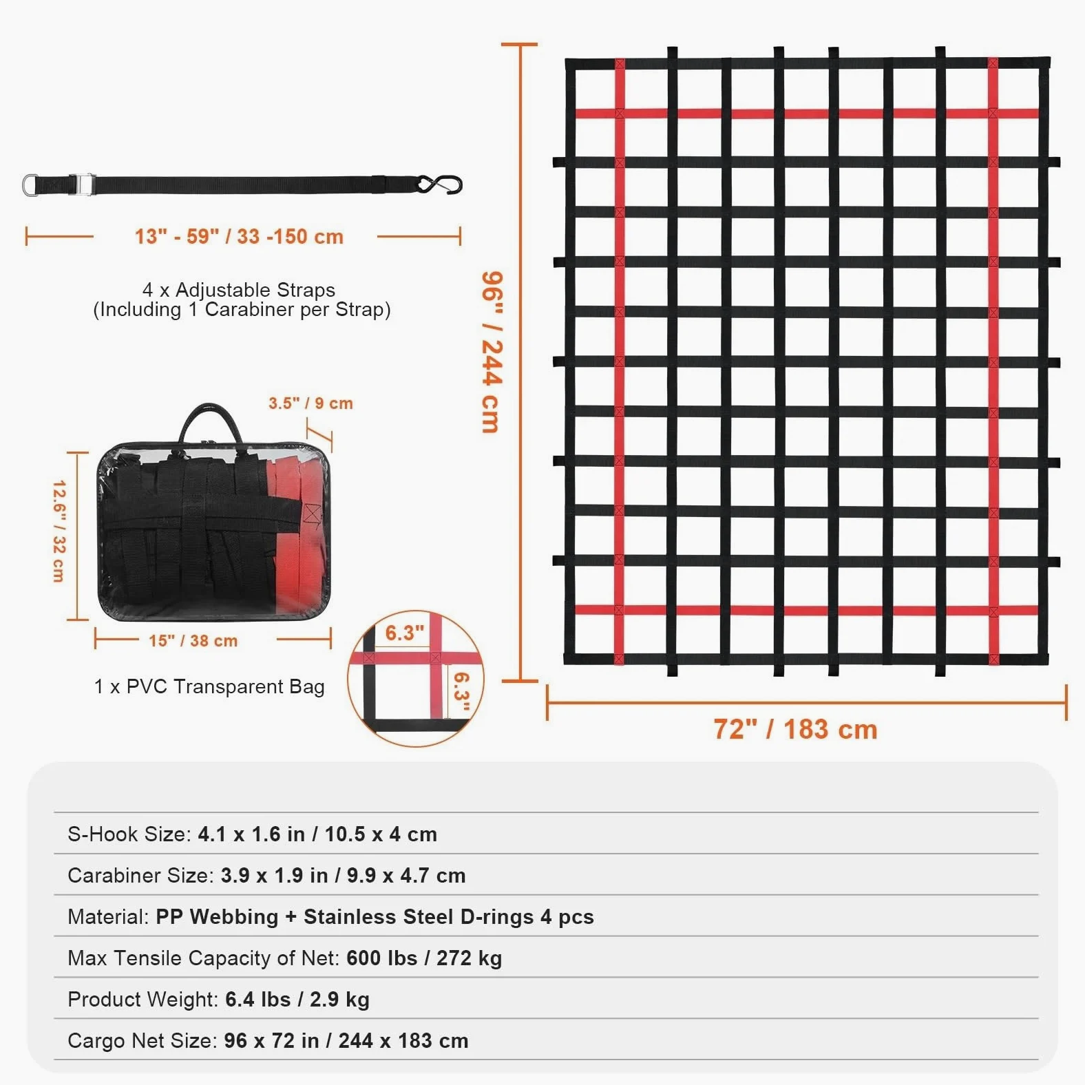 Red Maletero de Coche Car Trunk Rooftop Net Mesh Cargo with 4 Adjustable Straps& S-Hooks Trailer Dumpster Extend Covers