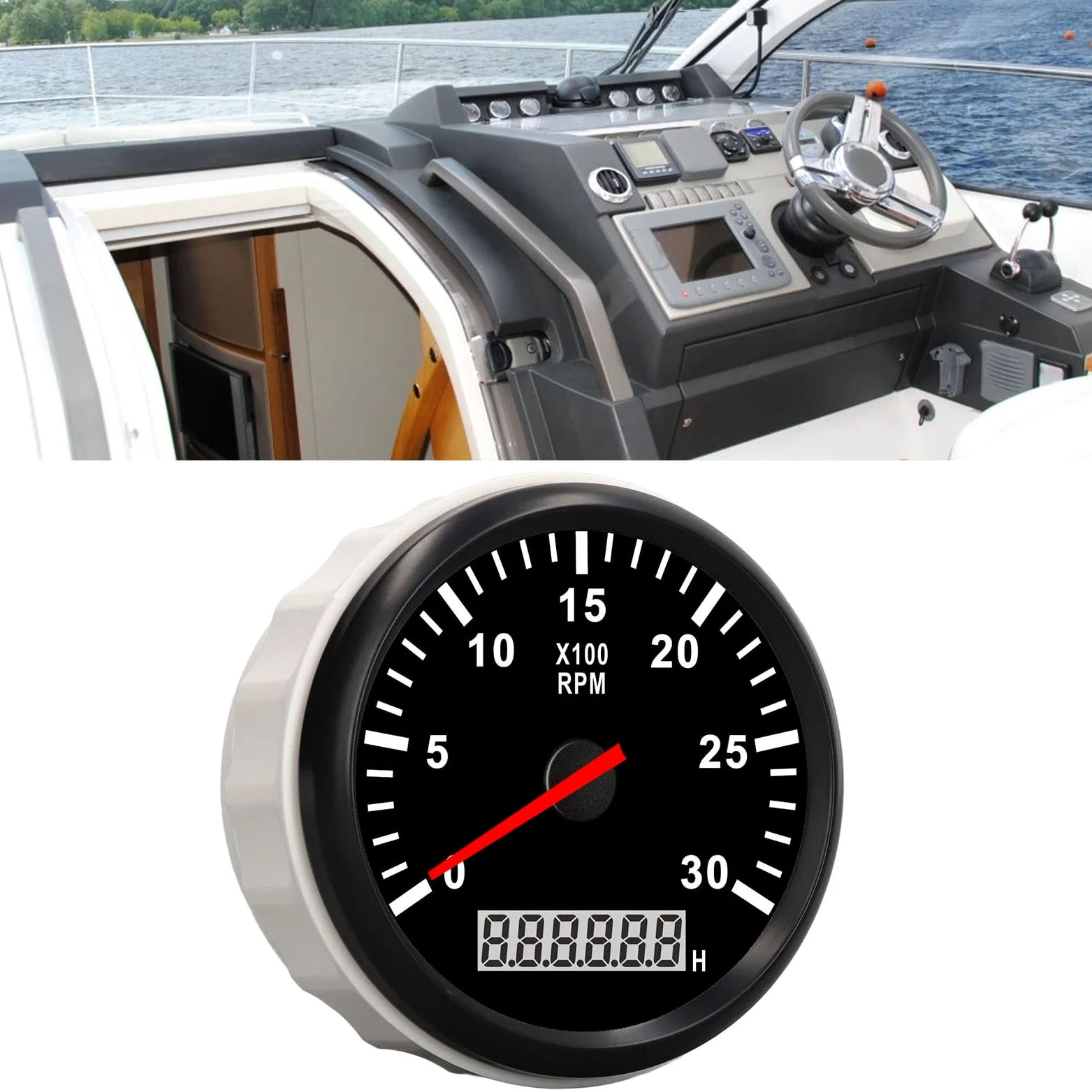 Tacómetro Marino Calibre 85mm/3,35 Pulgadas Tacómetro Calibre 3000RPM IP67 Impermeable Tacho Calibre con LCD Horómetro Retroiluminación Roja para Coche Camión Barco