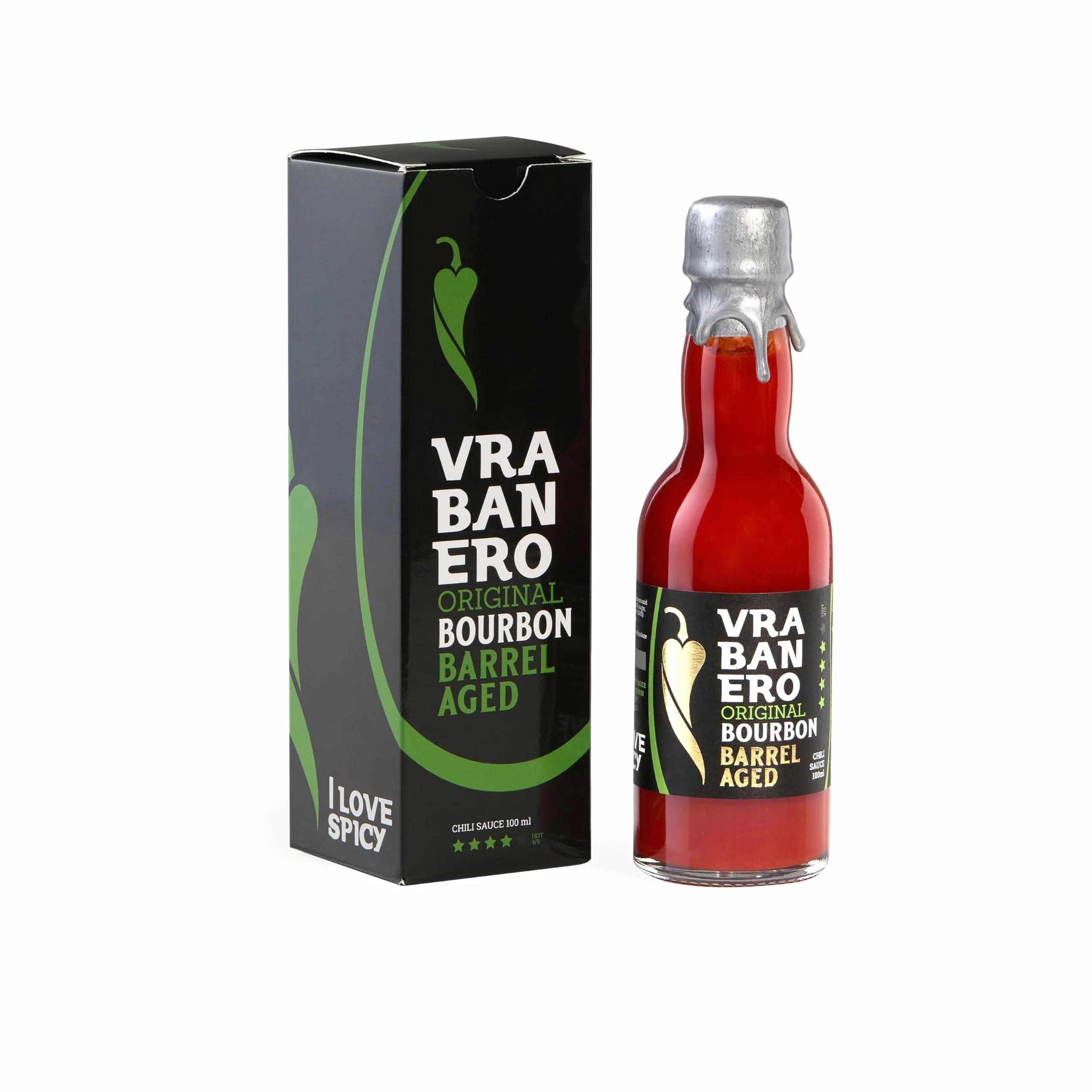 I LOVE SPICY Vrabanero Original Bourbon 100ml Salsa Picante con 80% Chiles Fermentados Envejecida en Barrica Bourbon Nivel Picante 4/5