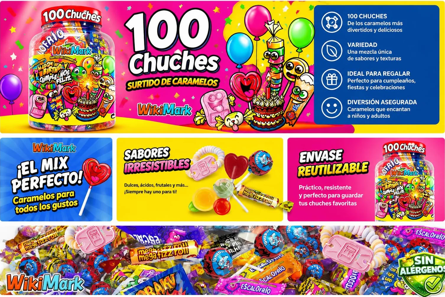 Bote 100 Chuches Surtidas para Cumpleaños y Piñatas | Caramelos Variados Infantiles | Golosinas para Fiestas, Candy Bar y Bolsas de Regalo | Mix Dulces Sin Gluten y Sin Leche