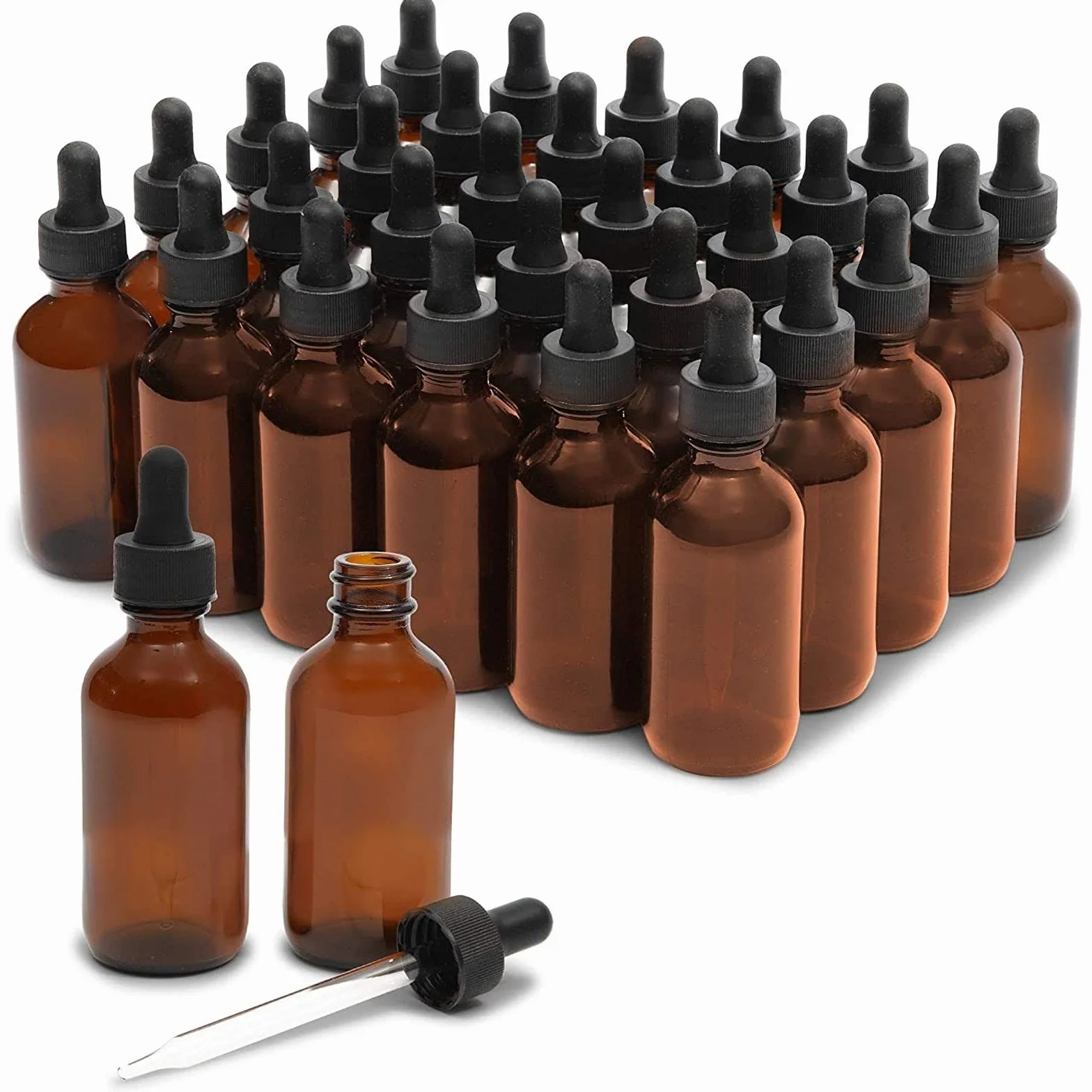 Juvale Botellas de vidrio ámbar 60 ml con pipeta, 36 piezas, para aceites esenciales y aromaterapia