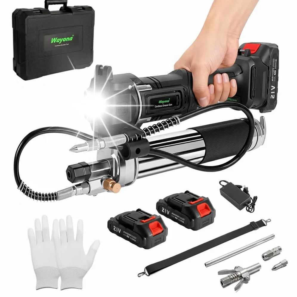 Wayona Pistola de grasa inalámbrica de 10000 psi, kit de pistola de grasa eléctrica con 2 baterías recargables, manguera flexible de 39.4 pulgadas, luz LED, cargador rápido, color negro