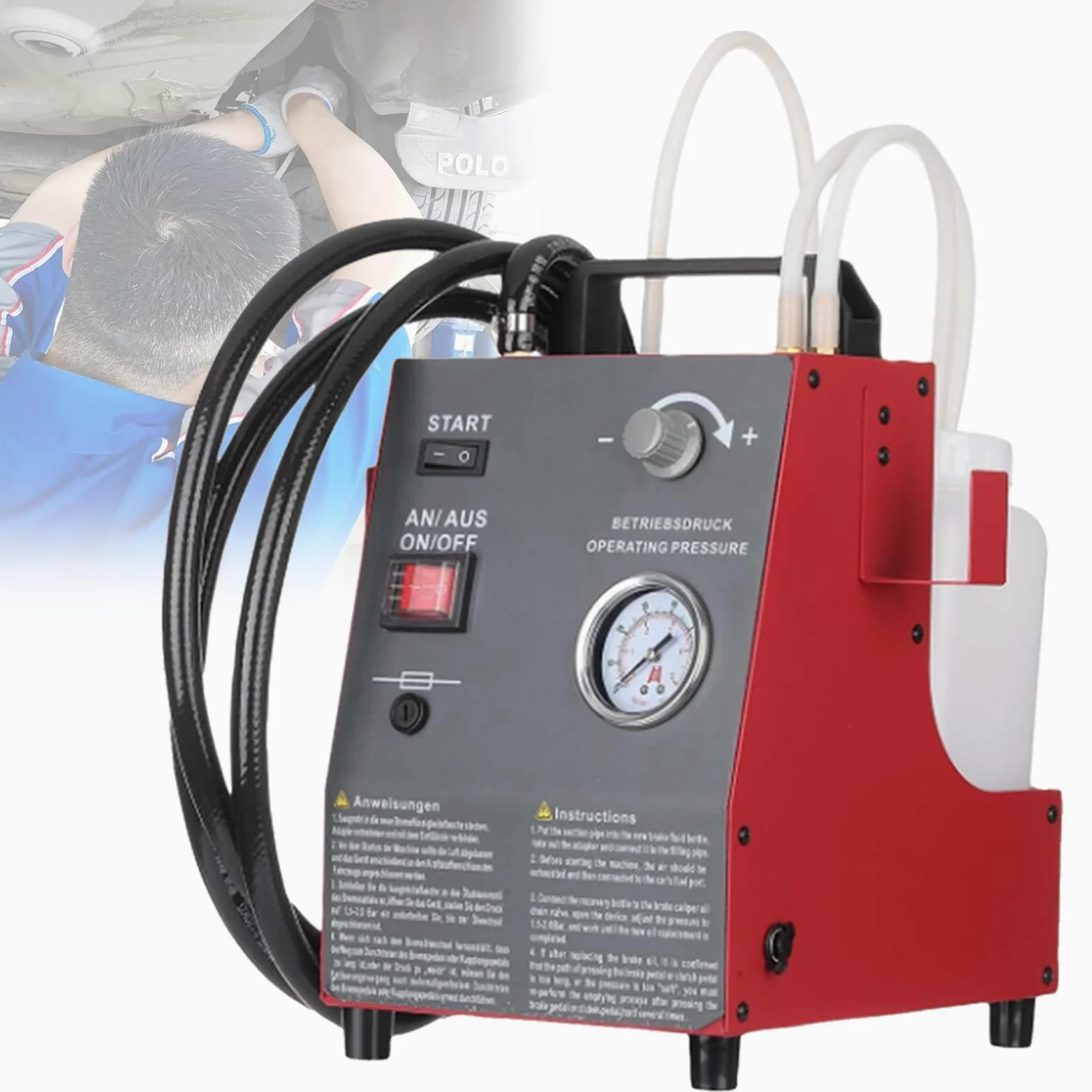 Kit de Purga automática de Frenos, purgador automático de Frenos por pulsos de un botón, con Botella de Aceite Usado de 1 litro, para el Mantenimiento de Frenos de automóviles. PackageA-Red