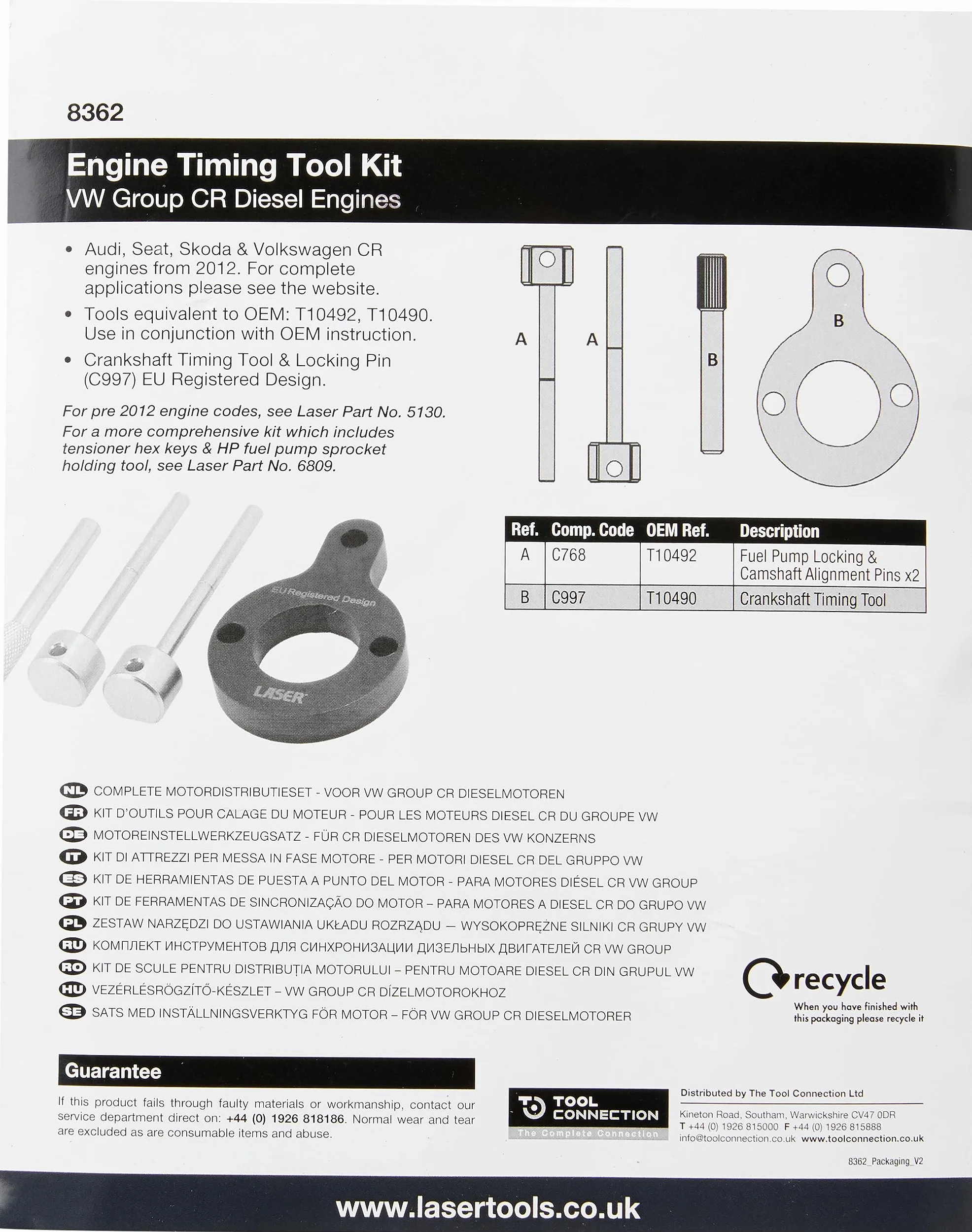 LASER TOOLS 8362 Herramienta de montaje correa distribución cromo negro (2x)