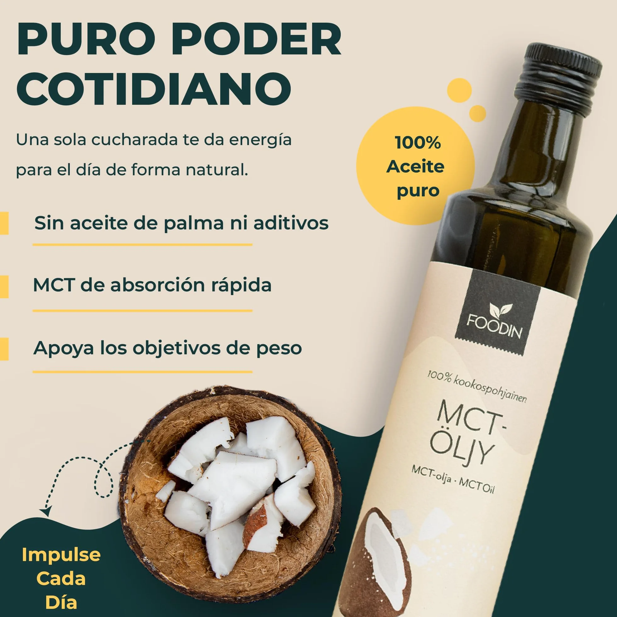 FOODIN Aceite MCT 1000 ml (2 x 500 ml) 100% aceite de coco, triglicéridos de cadena múltiple, vegano, sin gluten, para cetogénica
