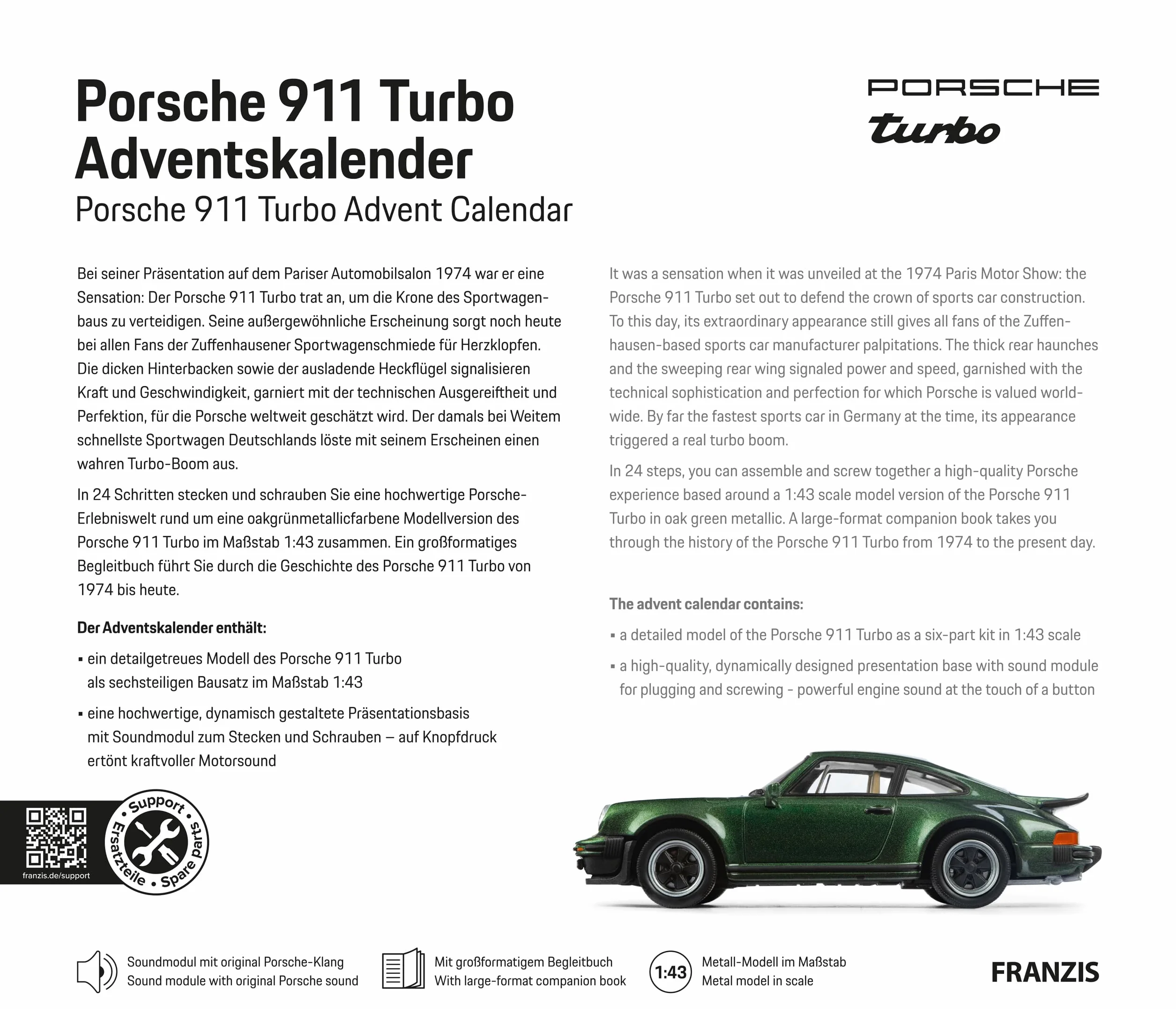 FRANZIS Calendario de Adviento Porsche 911 Turbo 67233 escala 1:43 módulo de sonido libro 52 páginas