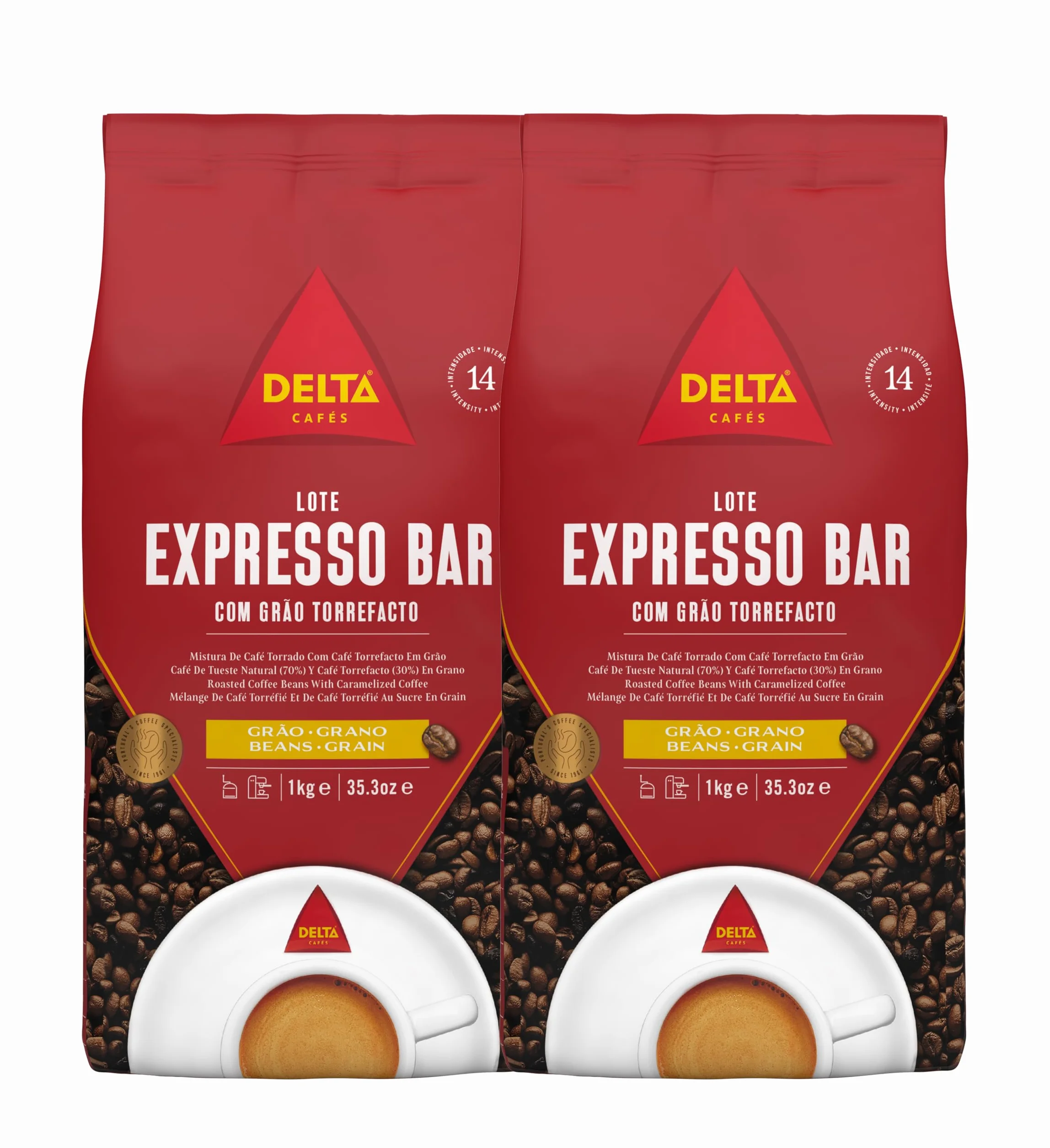 Delta Cafés Café en Grano Espresso Bar 2x1 Kg Intensidad 14 Mezcla Arábica Robusta