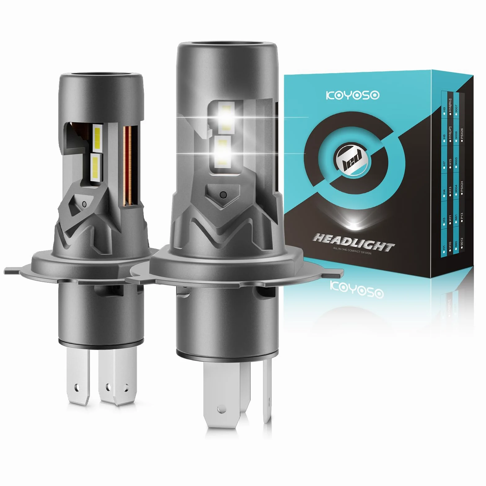 KOYOSO Bombilla H4 LED 100W 26000LM Faros Coche Luces Cortas/Largas | 1:1 Size Design, CANBUS Ready,Fit for Auto/Moto,IP68,No Adapter Required,15000RPM Ventilador Integrado,50000+HRS Lifespan