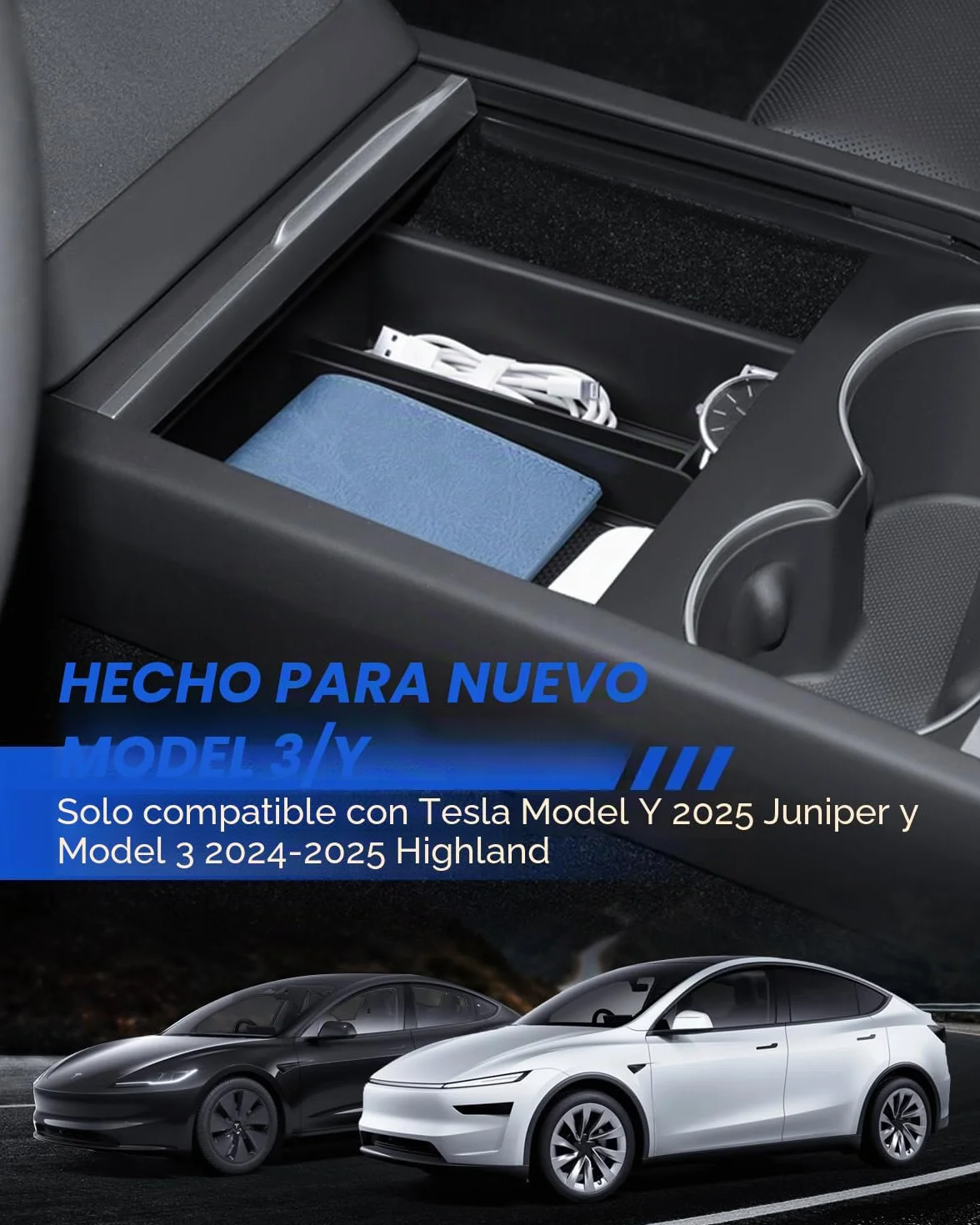 Organizador de Consola Central para Tesla Model Y 2025-2026 y Model 3 2024-2026 Caja de Almacenamiento con Material Aterciopelado Tesla Juniper Highland Accesorios