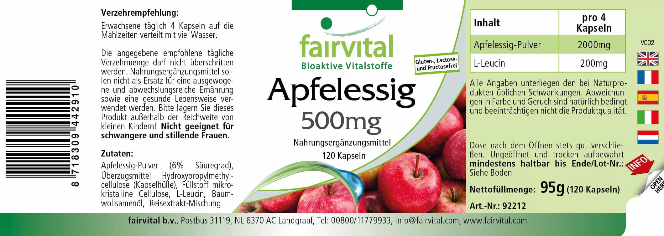 Cápsulas de vinagre de manzana, 120 cápsulas, 500mg, veganas, alta dosis