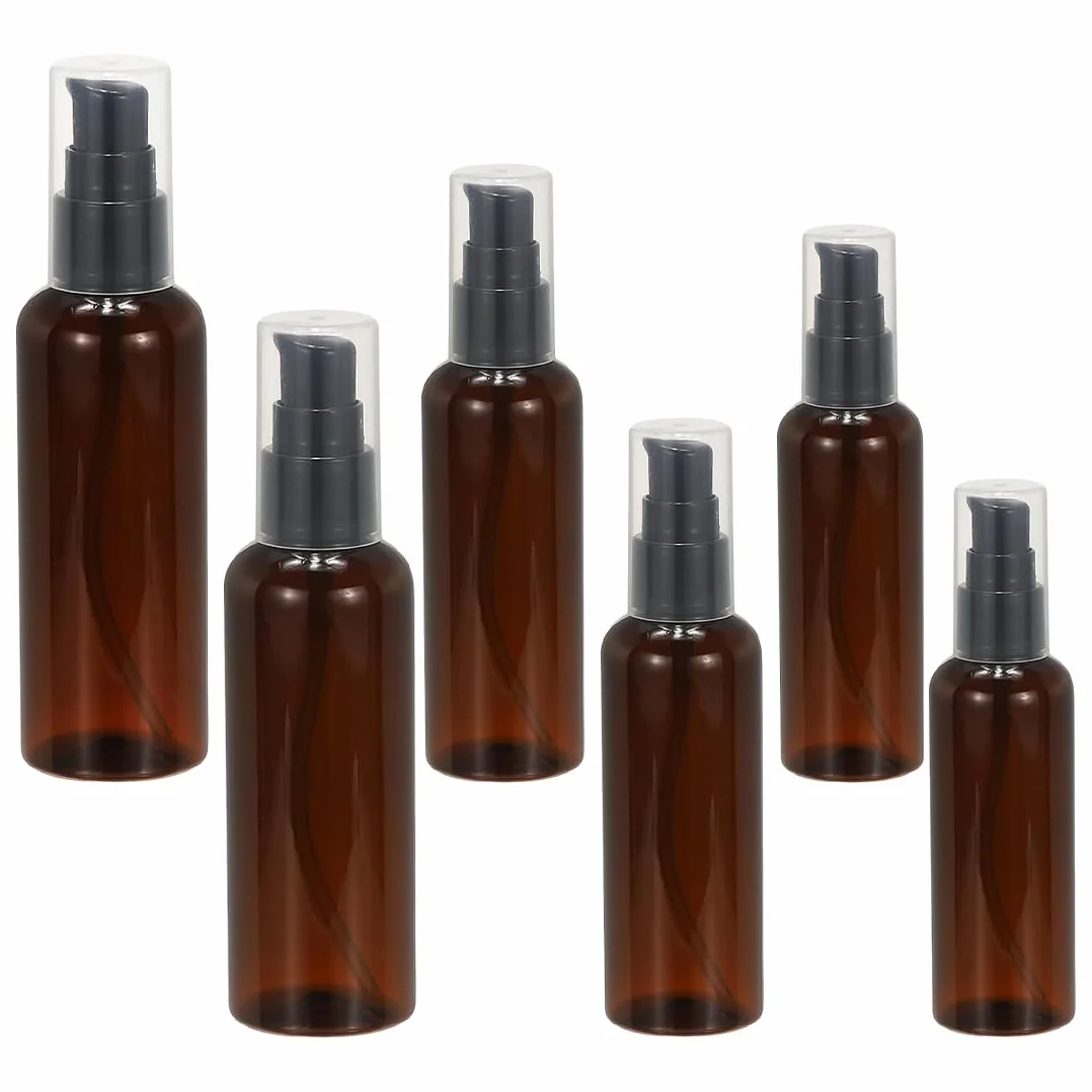 IKOPFLN 6 botellas vacías de vidrio marrón con bomba negra para aceite esencial, viaje, crema y loción