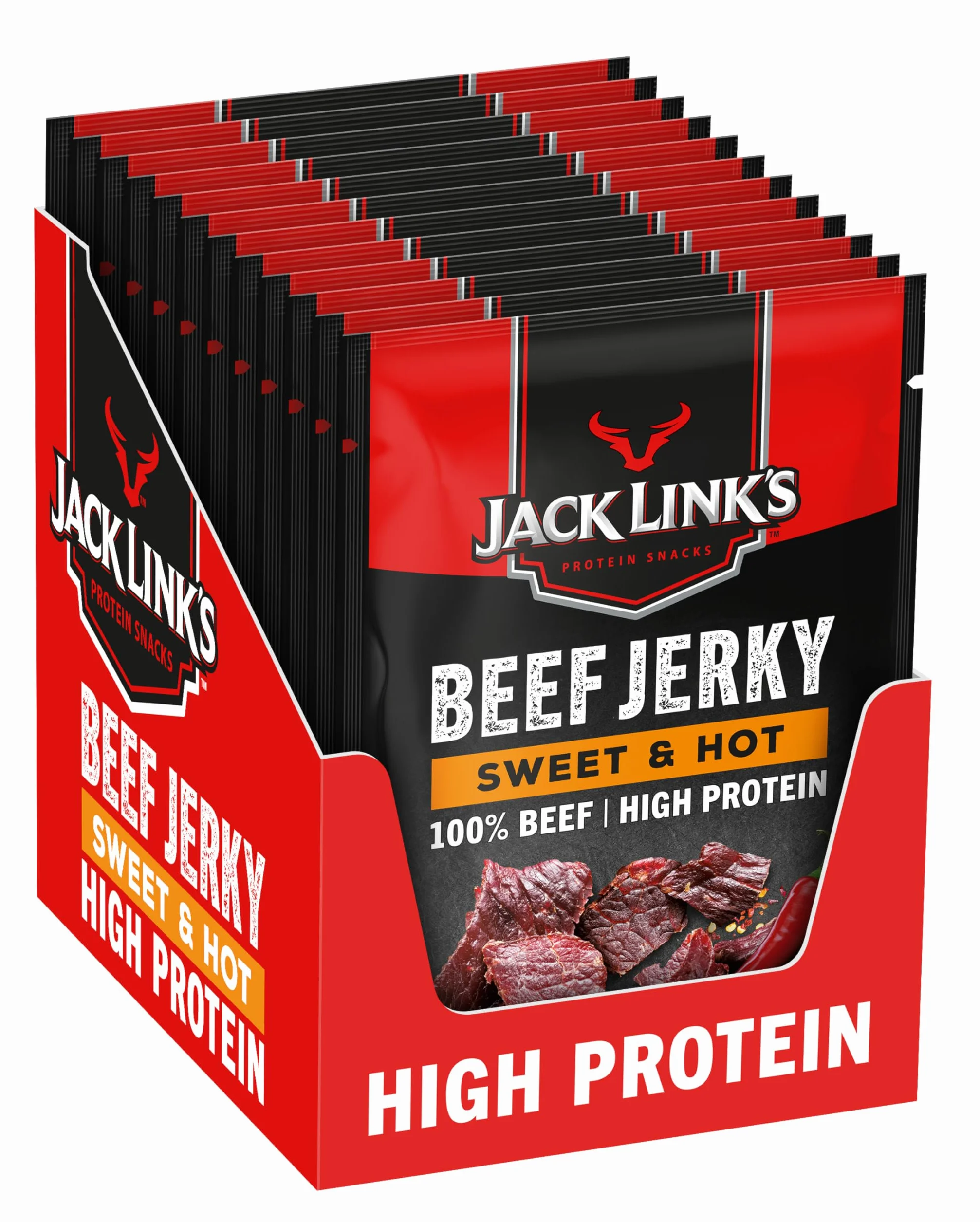 Jack Link’s Beef Jerky Sweet & Hot MrBeast Edition Pack de 12 Snack Alto en Proteína Carne de Vacuno Deshidratada