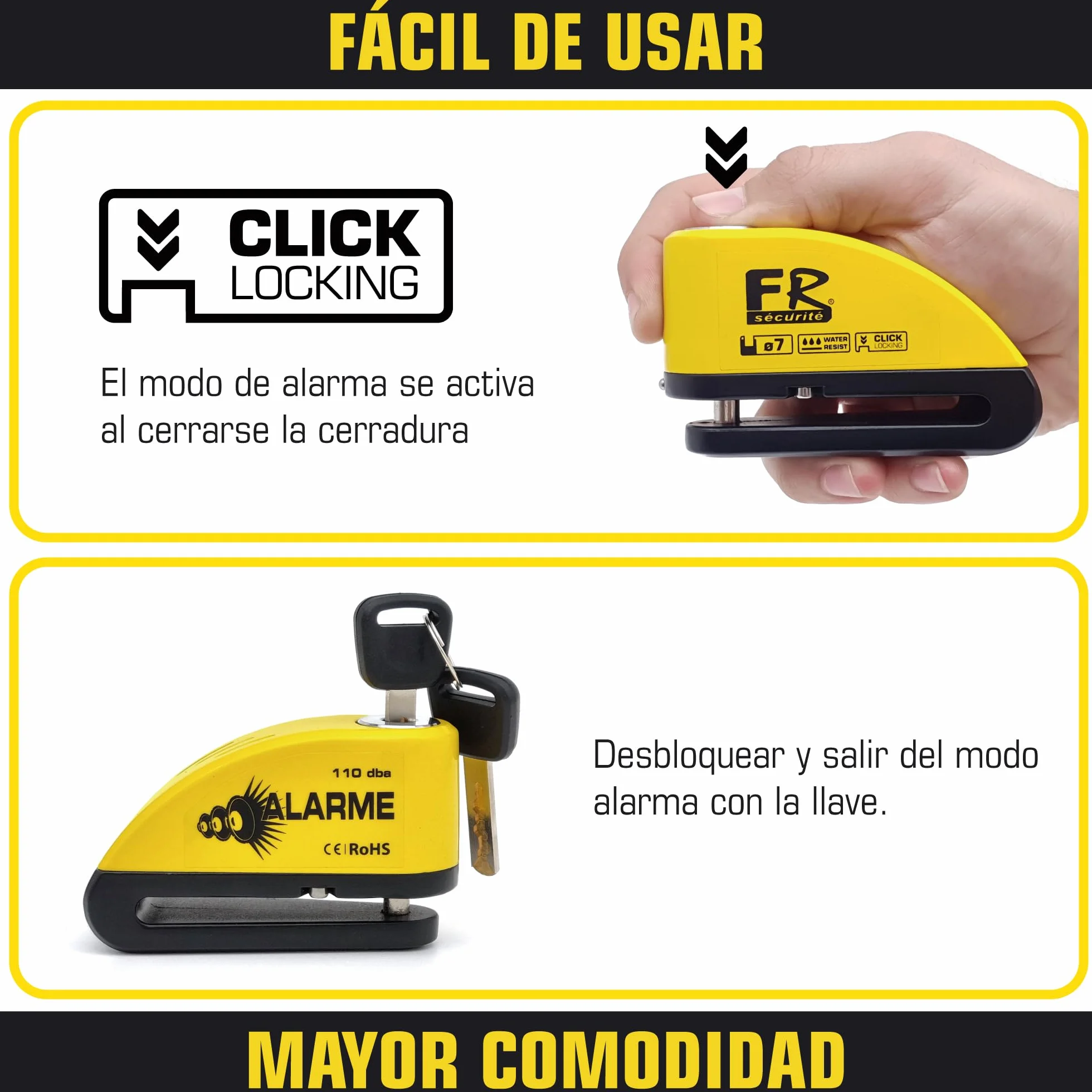 FR Sécurité FR7Y Candado Moto Disco con Alarma 110 DB, Antirrobo Moto Freno 7mm con Accesorios 1.5m Cable Recordatorio y Candado Bolsa, Pinza Moto Antirrobo para Motocicletas Bicicleta