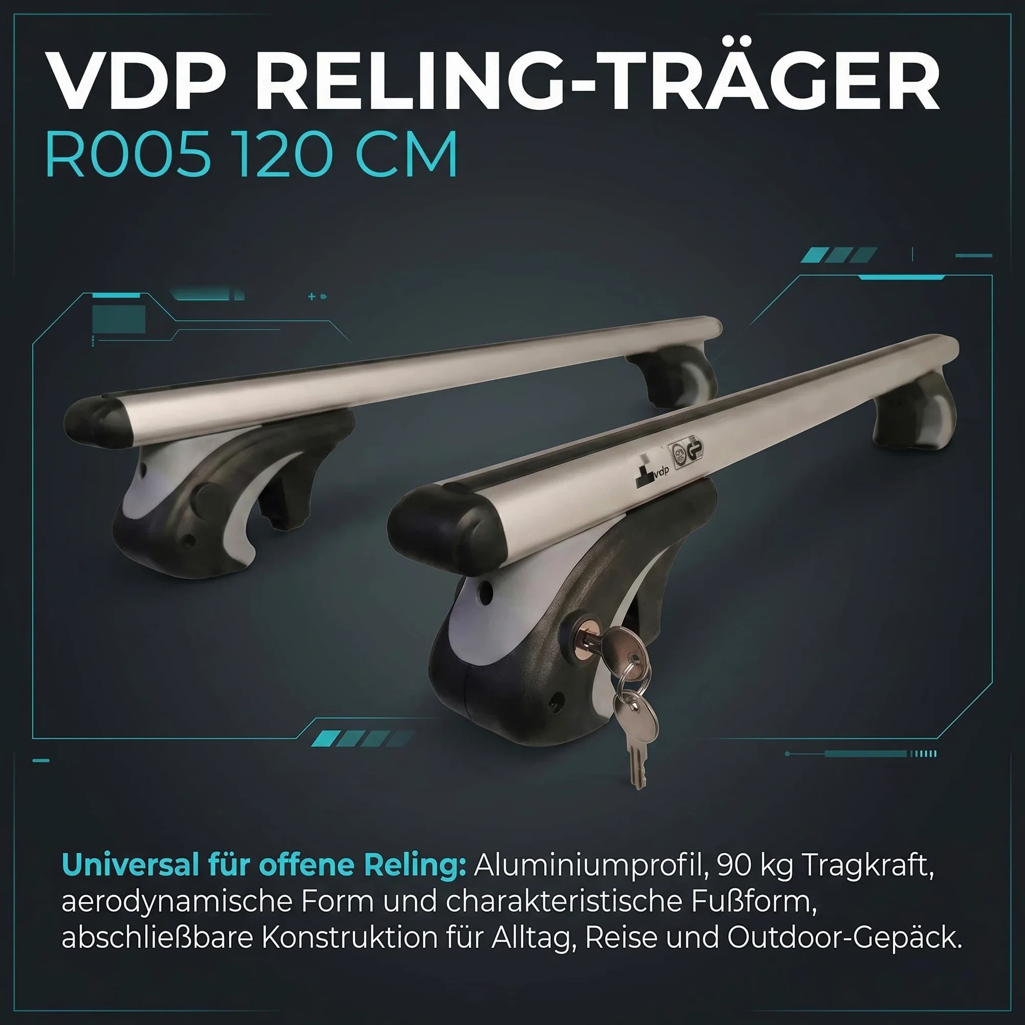 VDP-R-005-120 - Soporte básico para vehículos con rieles de techo, Longitud de la barra: 120 cm
