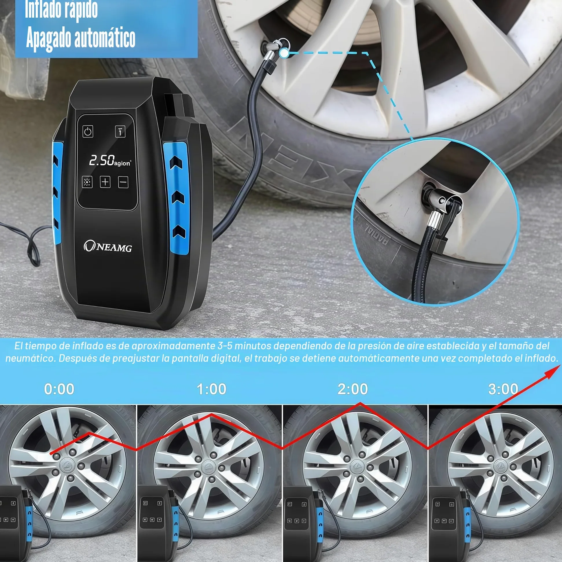 Compresor de Aire Eléctrico Portátil Alimentado con Manómetro 12V con LED Luces de Emergencia para Hinchar Neumático de Moto Coche y Bicicleta (Negro)