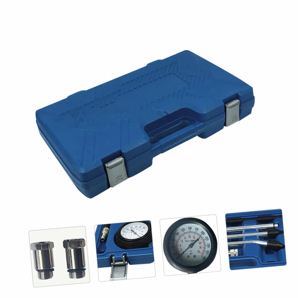 Cabilock Manómetro de Compresión para Motor de Gasolina, 0-300 Psi, Adaptadores Roscados y Conos de Goma para Diagnóstico del Cilindro