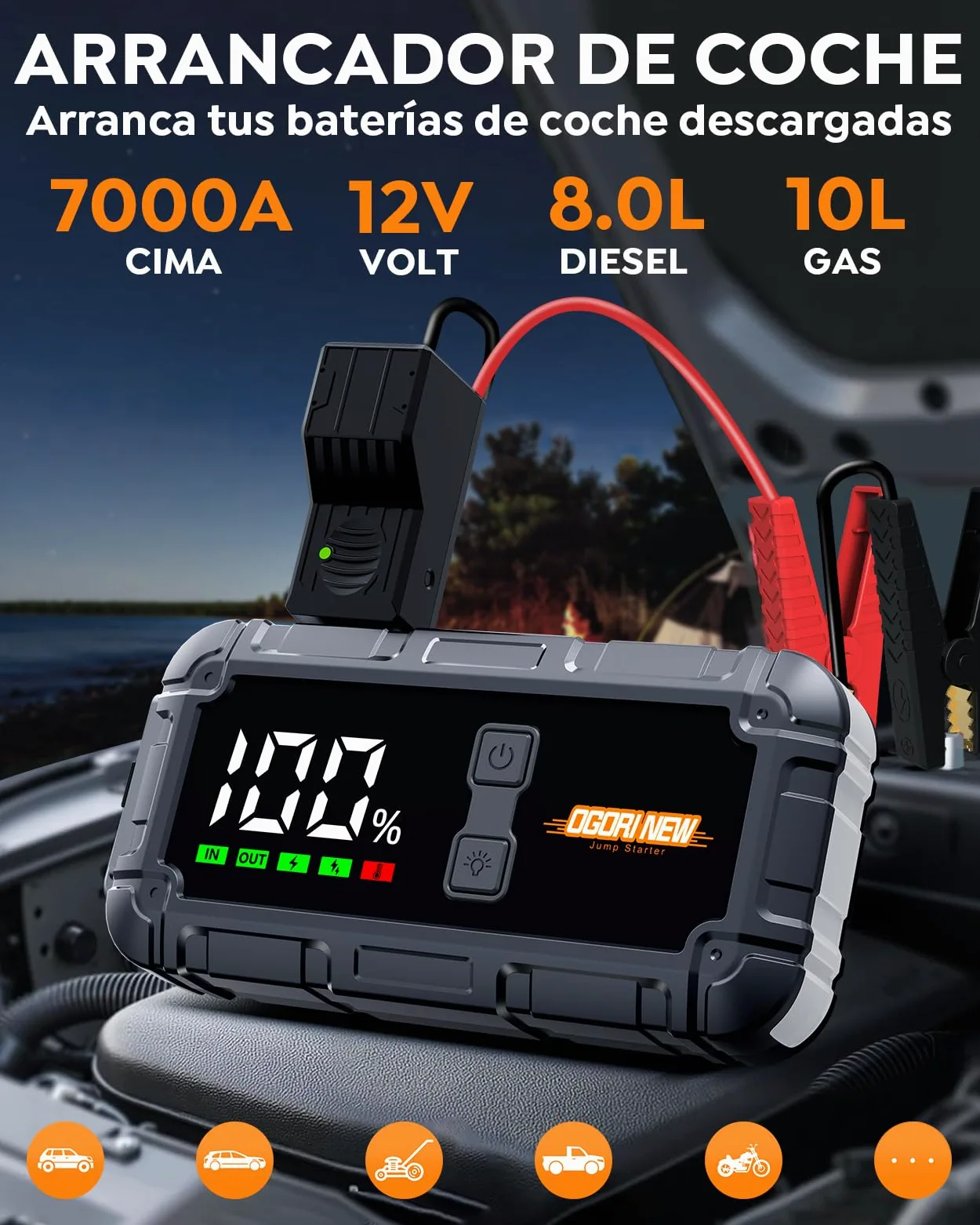 Arrancador de Coche, 7000A Arrancador de Baterias de Coche,12V Arrancador de Coches Portatil para 10L Gas o 8L Diesel,Jump Starter con Pantalla LCD y Linterna LED de 3 Modos