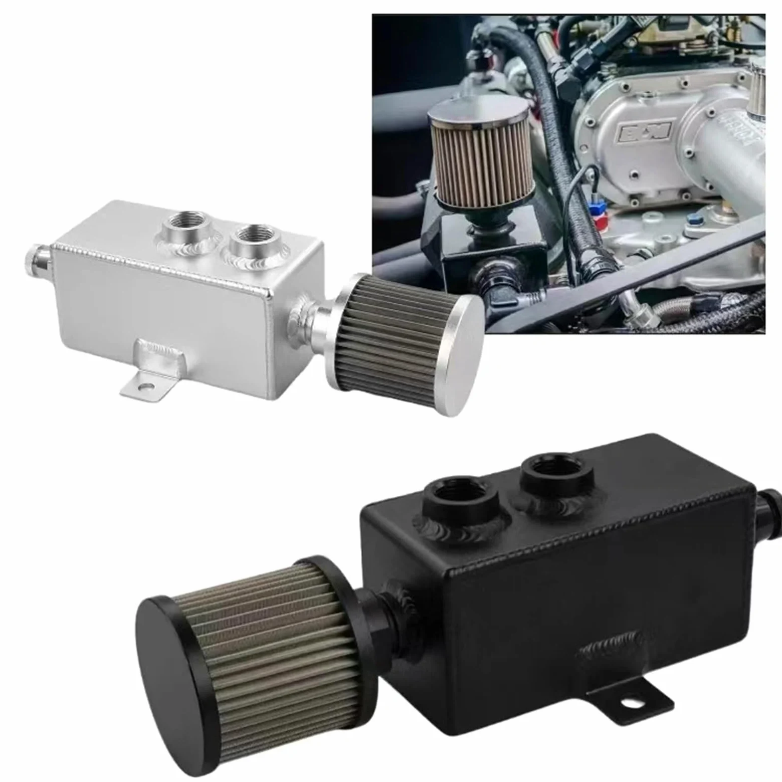 Separador de Aceite Universal de 1 litro con deflectores, depósito de Recogida de Aceite con Filtro de Aire, respiradero y Varilla medidora de Aceite para Sistema de ventilación del Motor.
