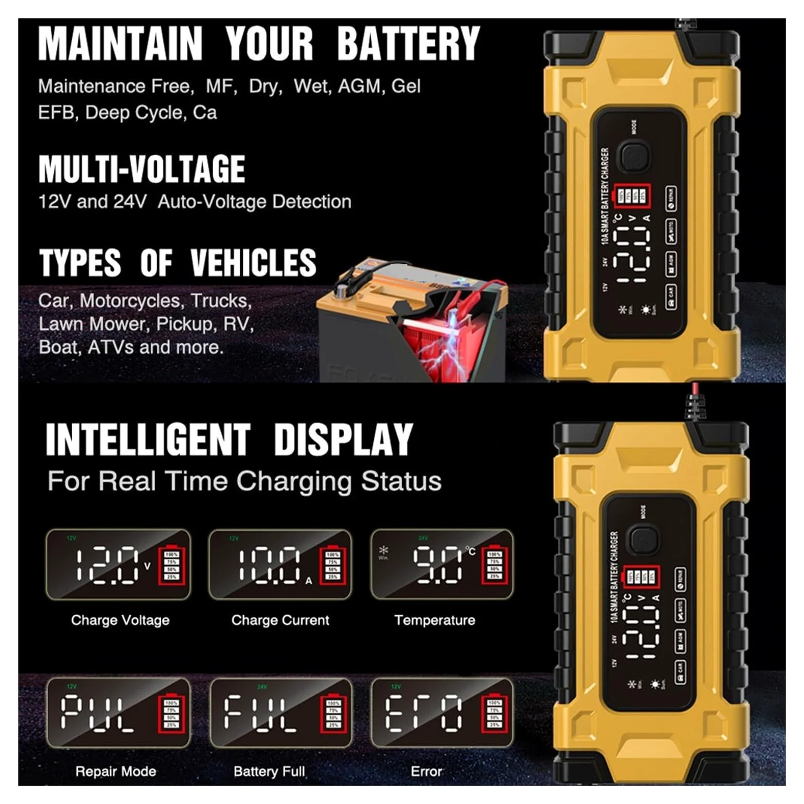 Cargador De Batería Coche 12V Y 24V Carga Automática Inteligente LCD Digital Carga De PrecisióN