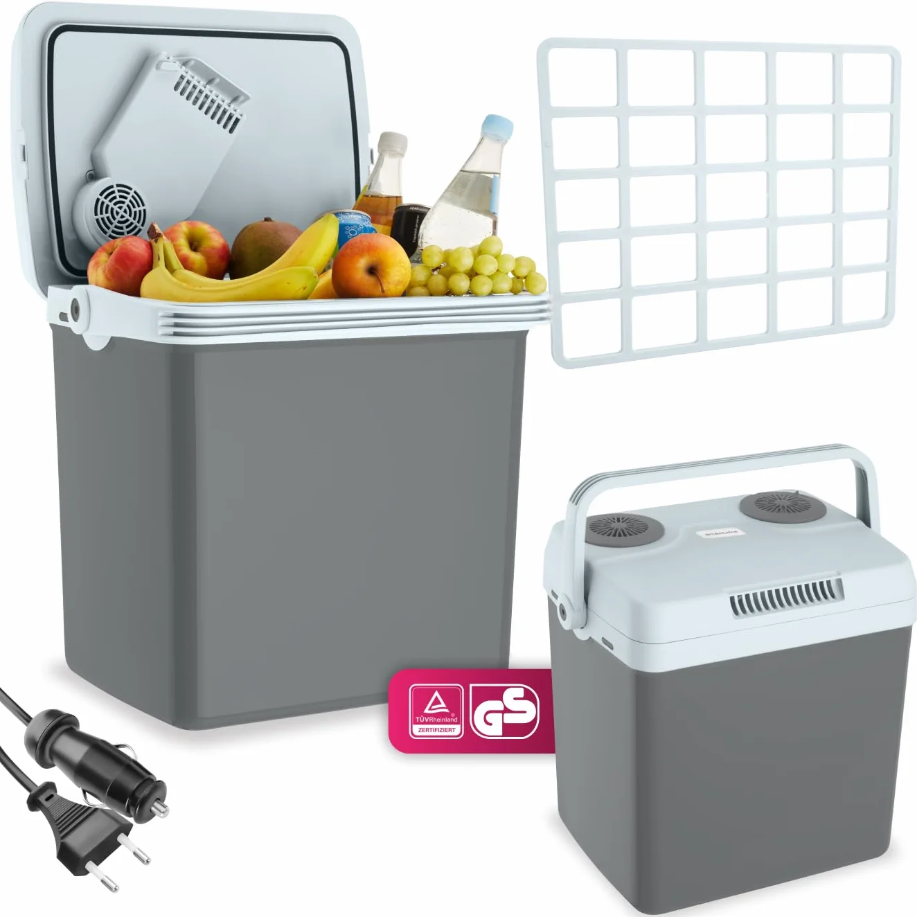 tectake® Nevera Eléctrica 2 en 1, 32 l, Funciones Refrigeración y Calentamiento, 44 x 32 x 45 cm, Modo Eco, Silencioso, 230 V y 12 V Enchufes Domésticos y del Coche, Acampada, con Aislamiento - Gris