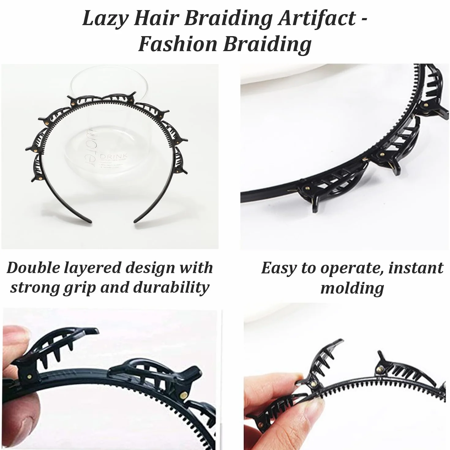 Diadema con Pinzas y Horquilla de Doble Flequillo, Diademas con Clips de Plástico Unisex Negro
