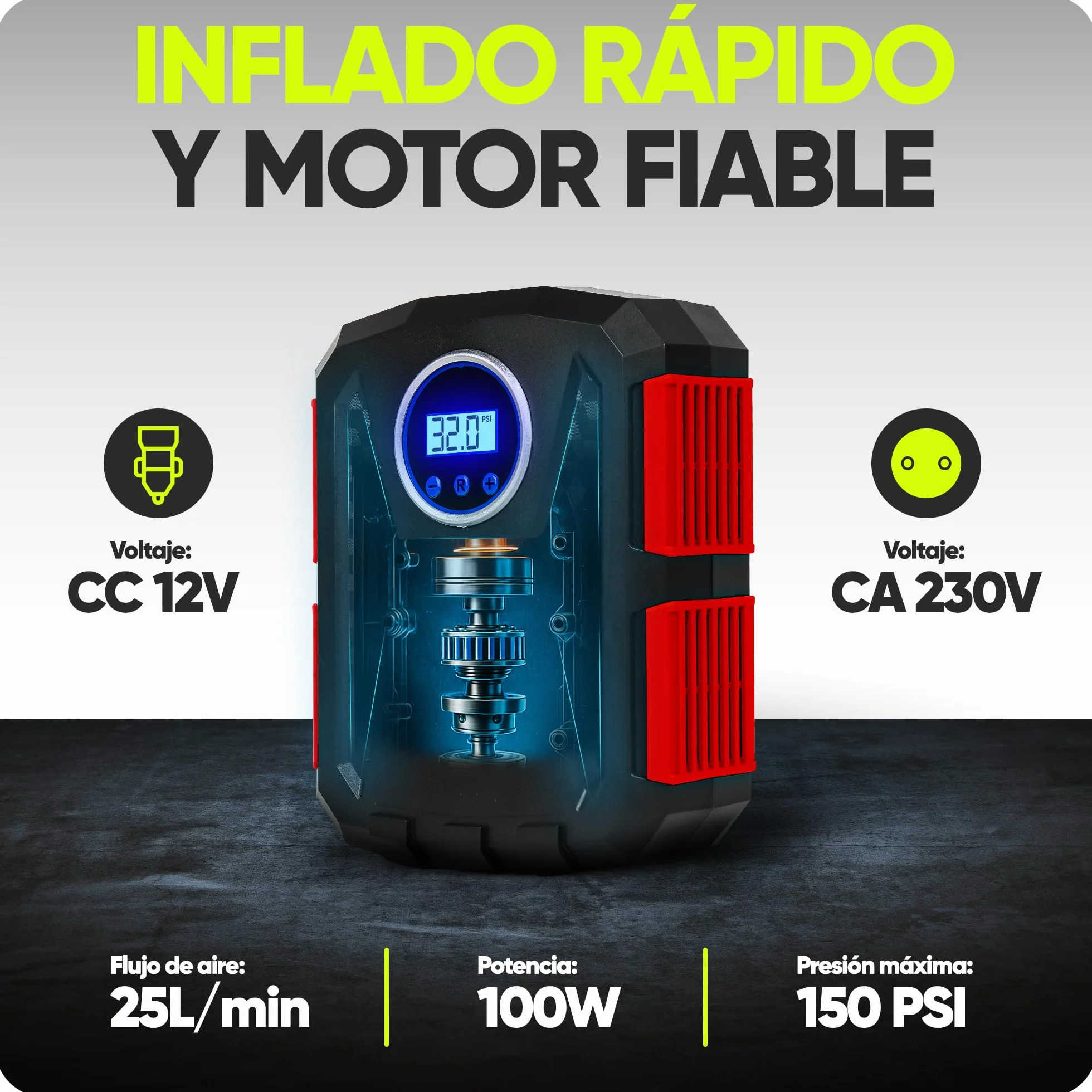 FORTEM Inflador de Ruedas de Coche, Compresor de Aire - Manómetro Digital, Autobombeo, Parada Automática - Bolsa de Transporte