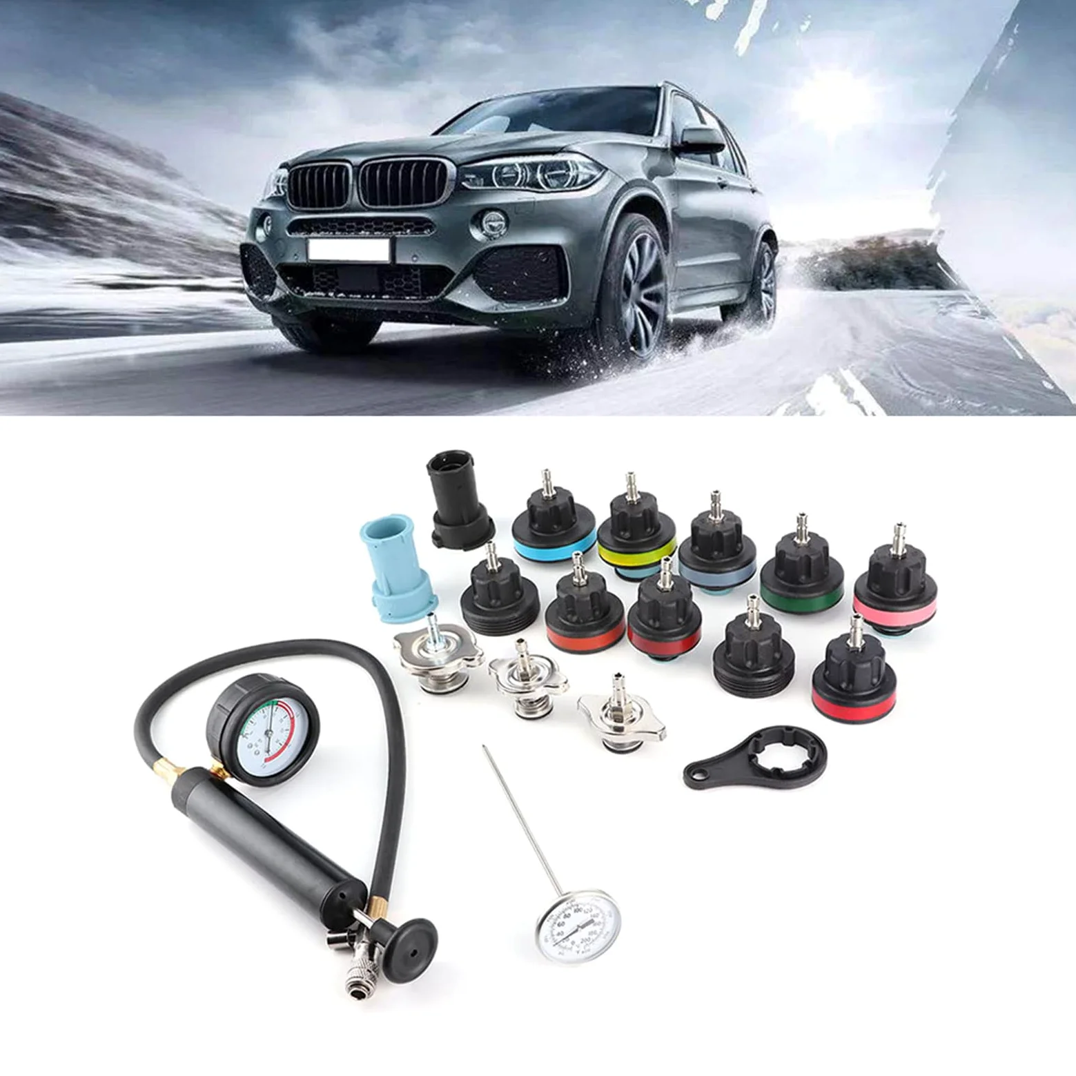 Kit de Herramientas para Comprobar Fugas de presión del radiador, Detector de Fugas de Agua del Sistema de refrigeración automotriz