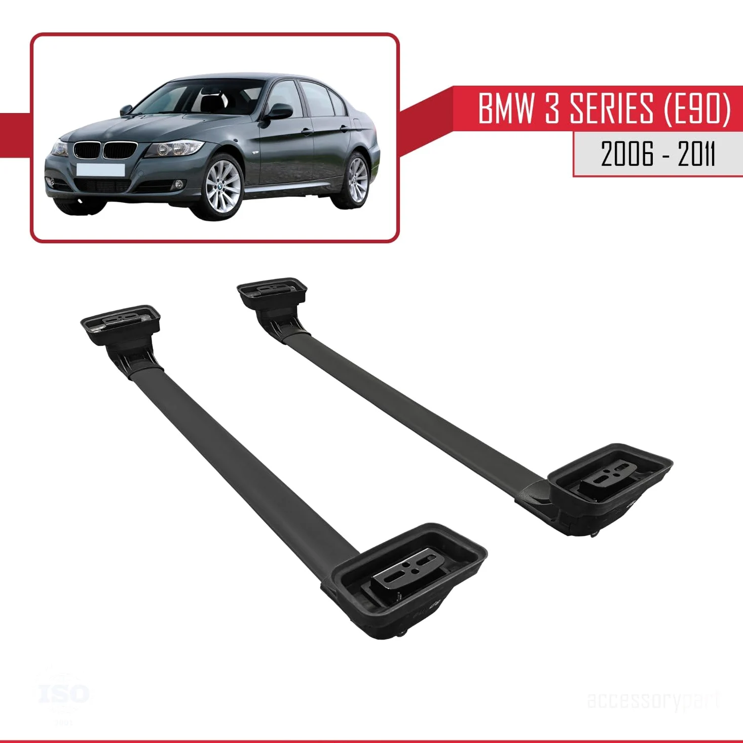 Compatible con BMW Serie 3 (E90) 2005-2012 Modelo Ace-3 Barra de Techo Auto Portaequipajes Barras Transversales Negro Aluminio 2 Barras