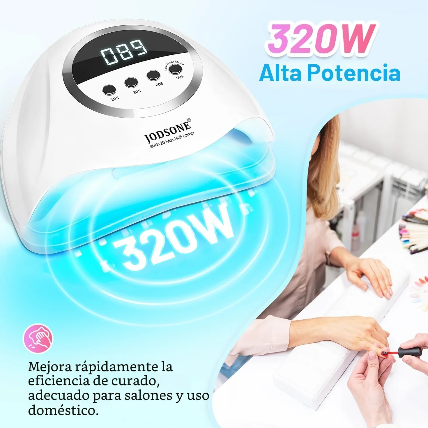 JODSONE Lámpara de uñas UV LED 320W 72 luces duales, 4 temporizadores 10/30/60/99s