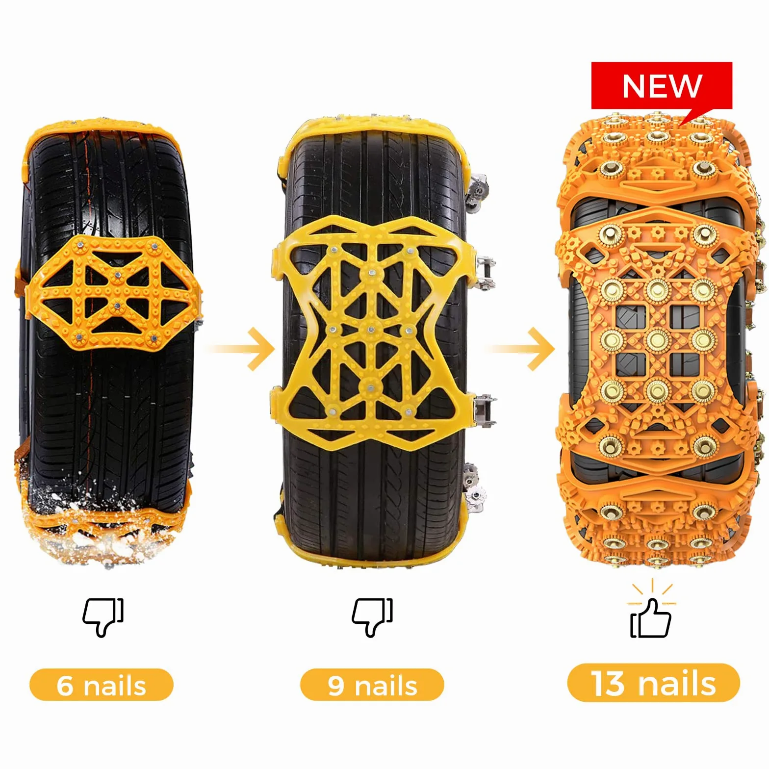 Cadenas Coche Nieve Universales 165-275mm, Cadenas de Nieve para Coche 6 Pcs, WYRIAZA Antideslizante Ajustable Cadenas Nieve Cadenas Nieve 205 55 R16 para Coche Camión SUV - Amarillo