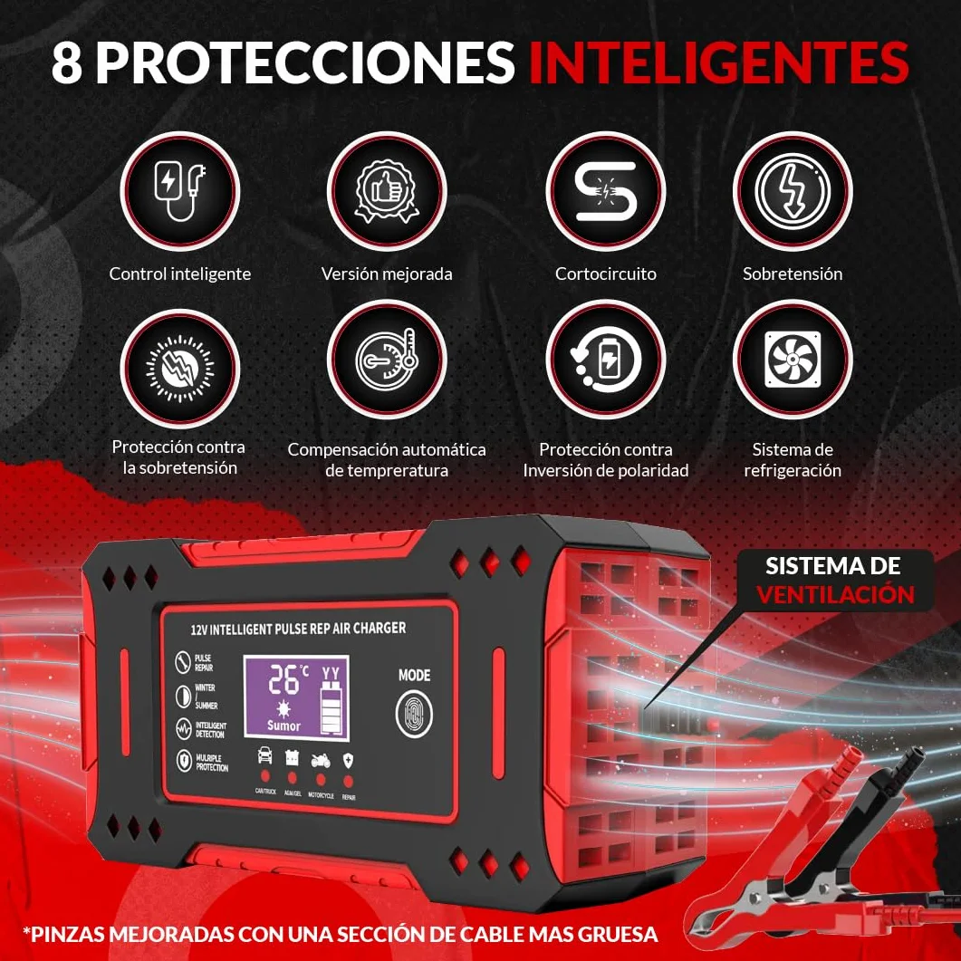 SweetSolutions© Cargador Baterias Coche 12V6A | Cargador De Batería Coche con Función Inteligente | Reparación Automática | Pantalla LCD | Automóviles Moto Camión AGM Gel SLA