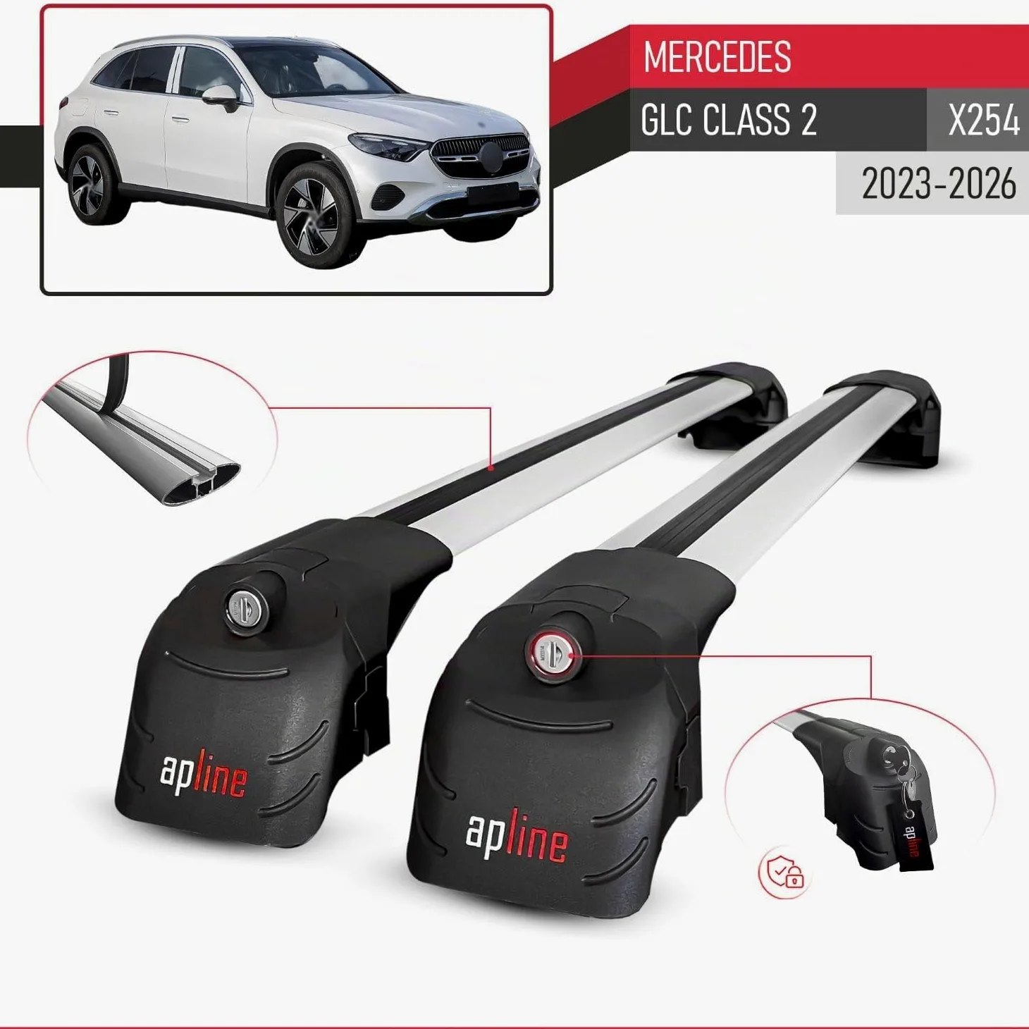 Compatible con Mercedes GLC Class 2 (X254) 2023-2026 Modelo Ace-2 Barra de Techo Auto Portaequipajes Barras Transversales Gris Aluminio 2 Barras