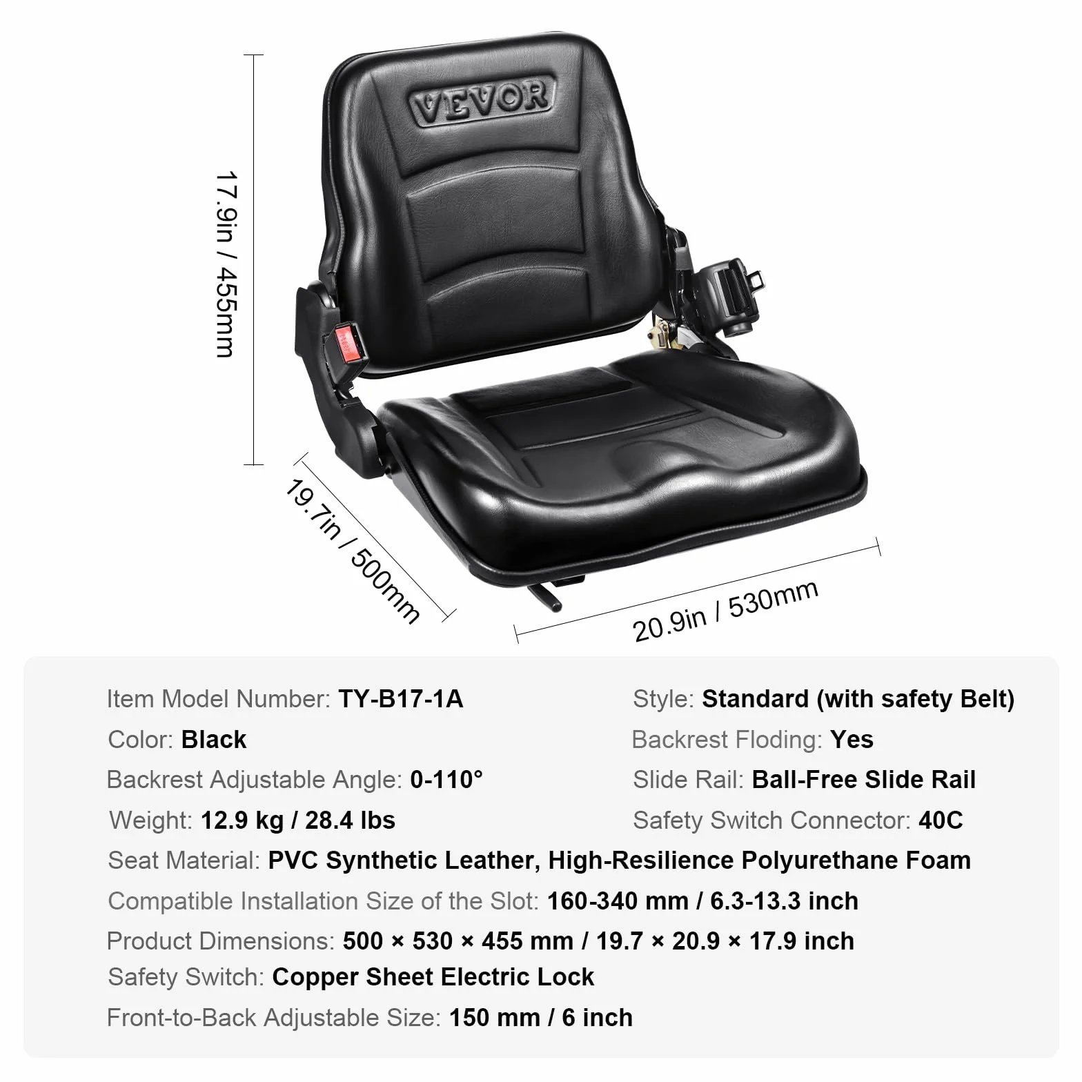 VEVOR Asiento Universal para Carretilla Elevadora, Plegable con Respaldo Ajustable y Cinturón Retráctil, 6 Ranuras