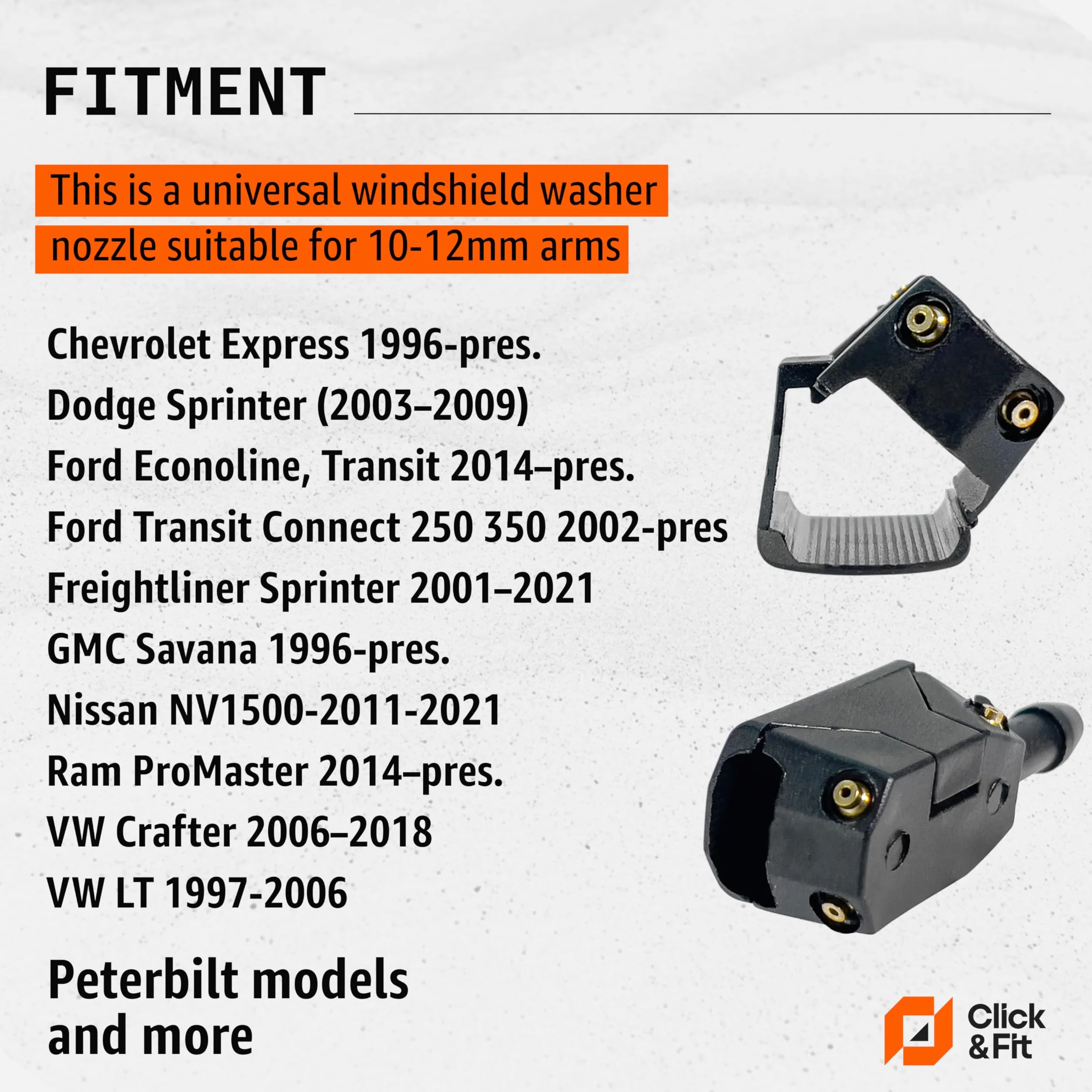 Click&Fit Boquillas universales para limpiaparabrisas de camioneta compatible con Ford Transit, Mercedes, Sprinter, VW, Crafter Fiat, Ducato, Volvo, DAF, Scania, Iveco, para brazo de limpiaparabrisas