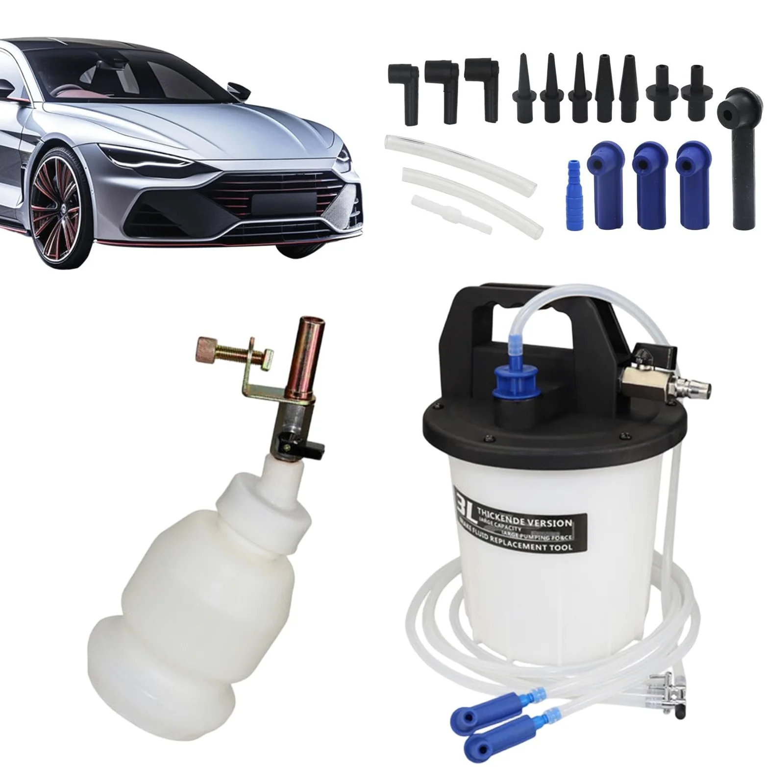 Purgador de frenos 3L Depósito Gran Capacidad de Ajuste Apretado | Kit Extractor Fluido Frenos para Reparación Vehículo Para Mecánicos de Coche, Mantenimiento y Garaje
