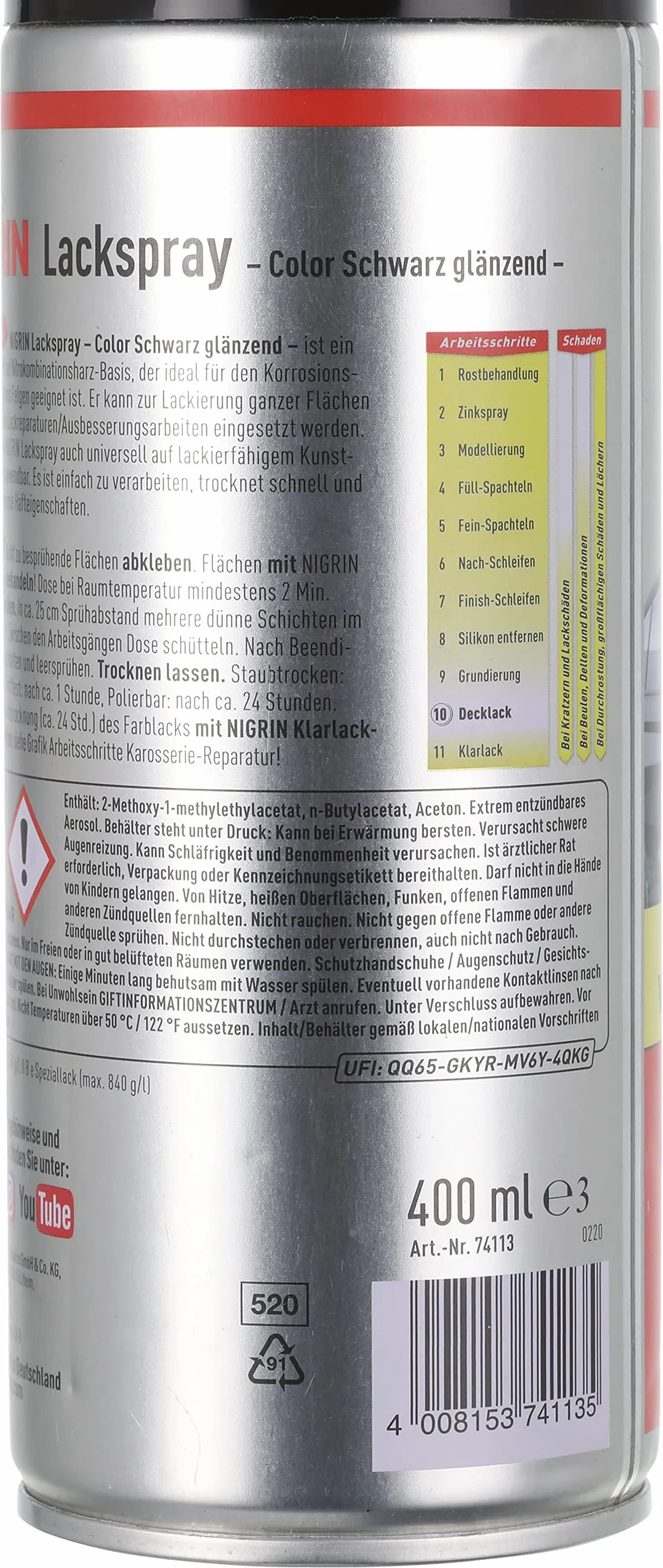 Nigrin - 74113 Pintura en Aerosol Negro Brillante 400 Ml