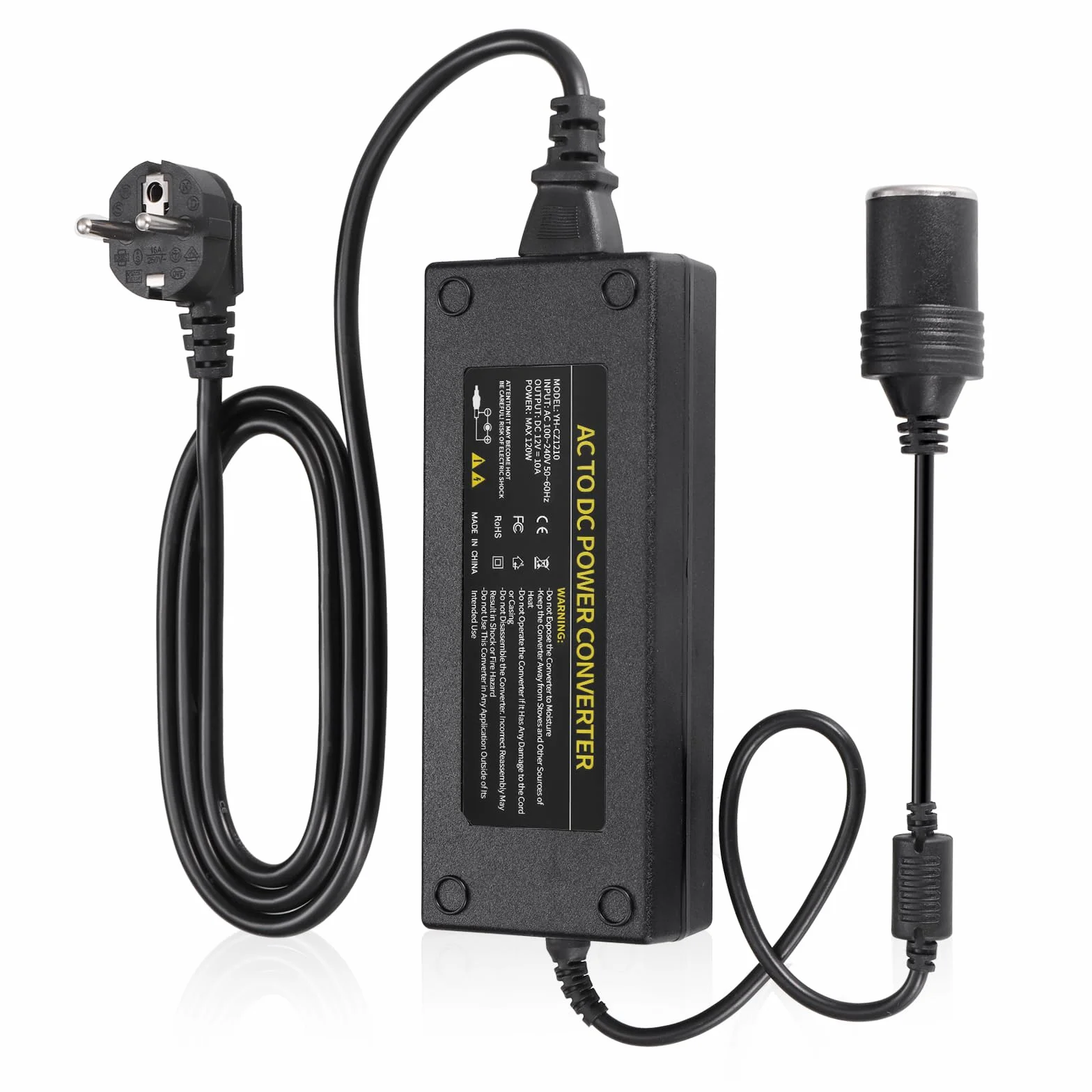 JIZZU Adaptador Mechero Coche a Enchufe 120W, Transformador 220V a 12V 10A, Convertidor de Corriente AC a DC para Aspiradoras de Coche, Compresores, Frigoríficos