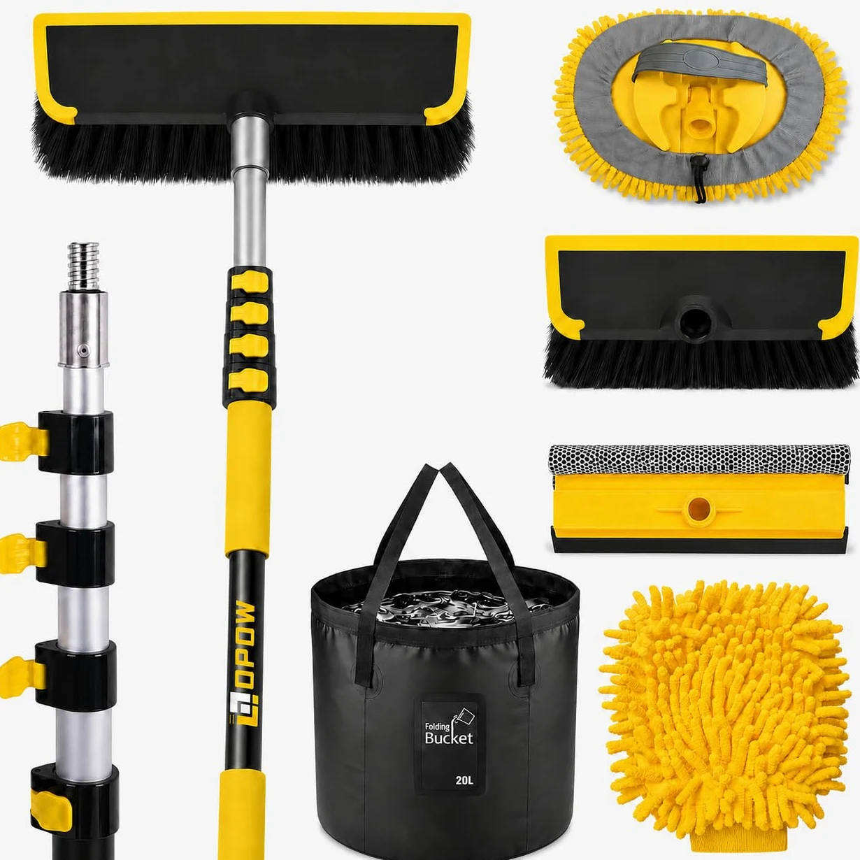 Kit de escobilla de cepillo de lavado de coche de 144 pulgadas con cubo plegable, poste telescópico, contenedor de agua plegable, impermeable, manopla, esponja, toalla súper absorbente, cerdas
