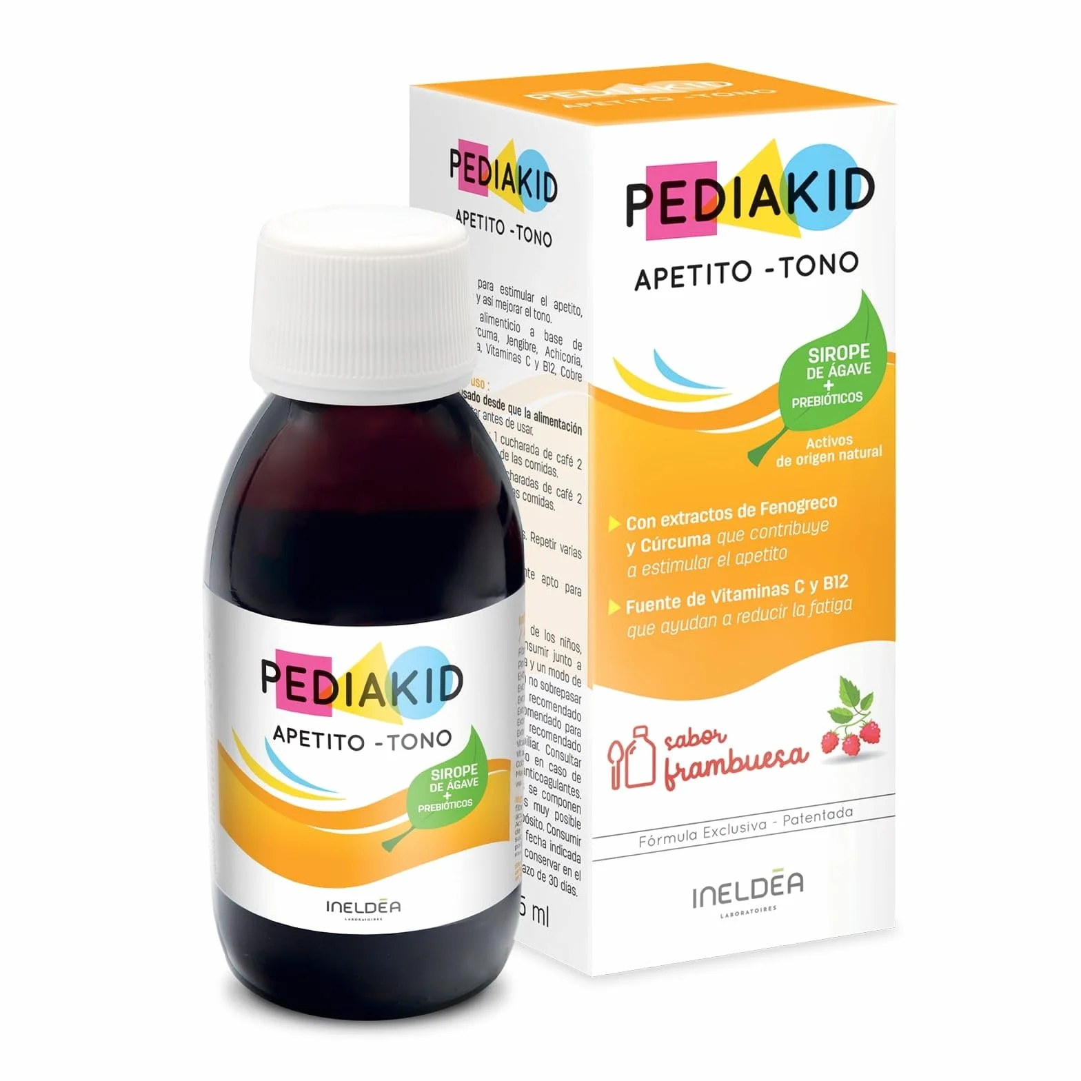 PEDIAKID Apetito-Tono Complemento alimenticio Sirope de Agave Estimula el apetito Aumentar peso Aroma Natural Frambuesa 125 ml